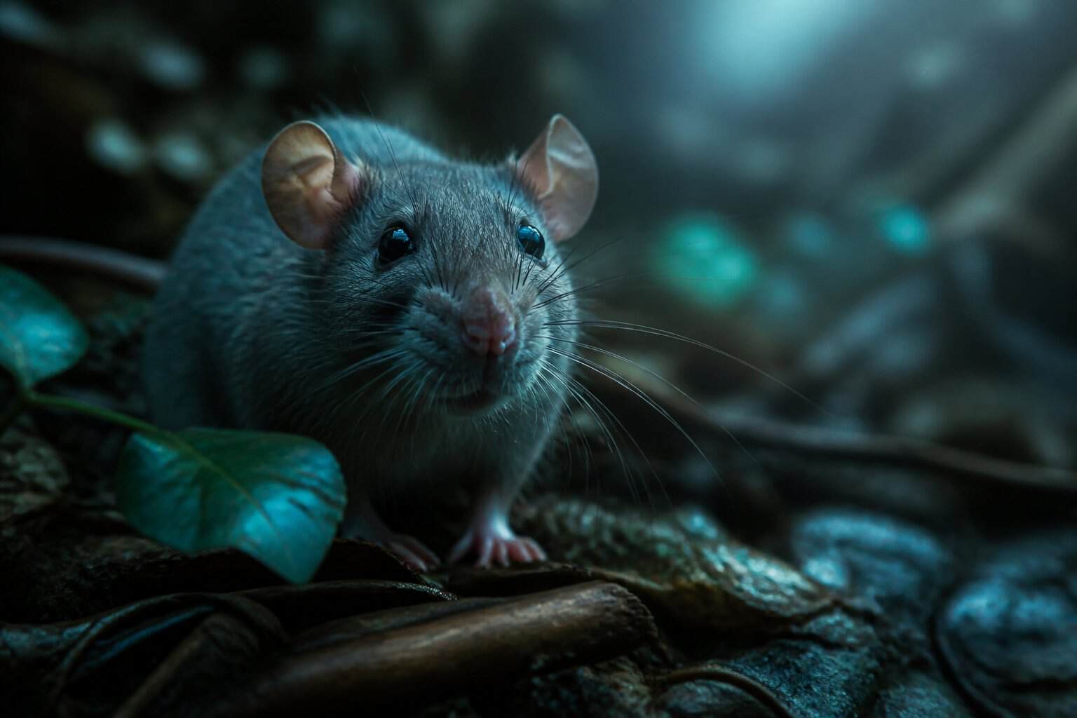 Close-up of a rat in a softly lit natural environment with light filtering through surrounding leaves.