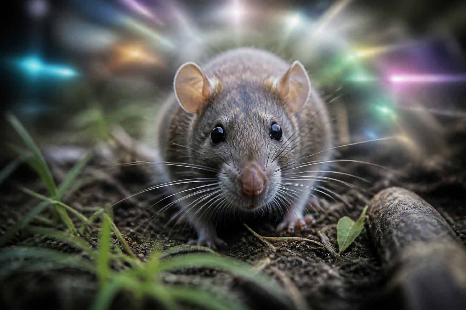 Close-up of a rat in a natural environment, focusing on its eyes and whiskers with soft natural lighting.