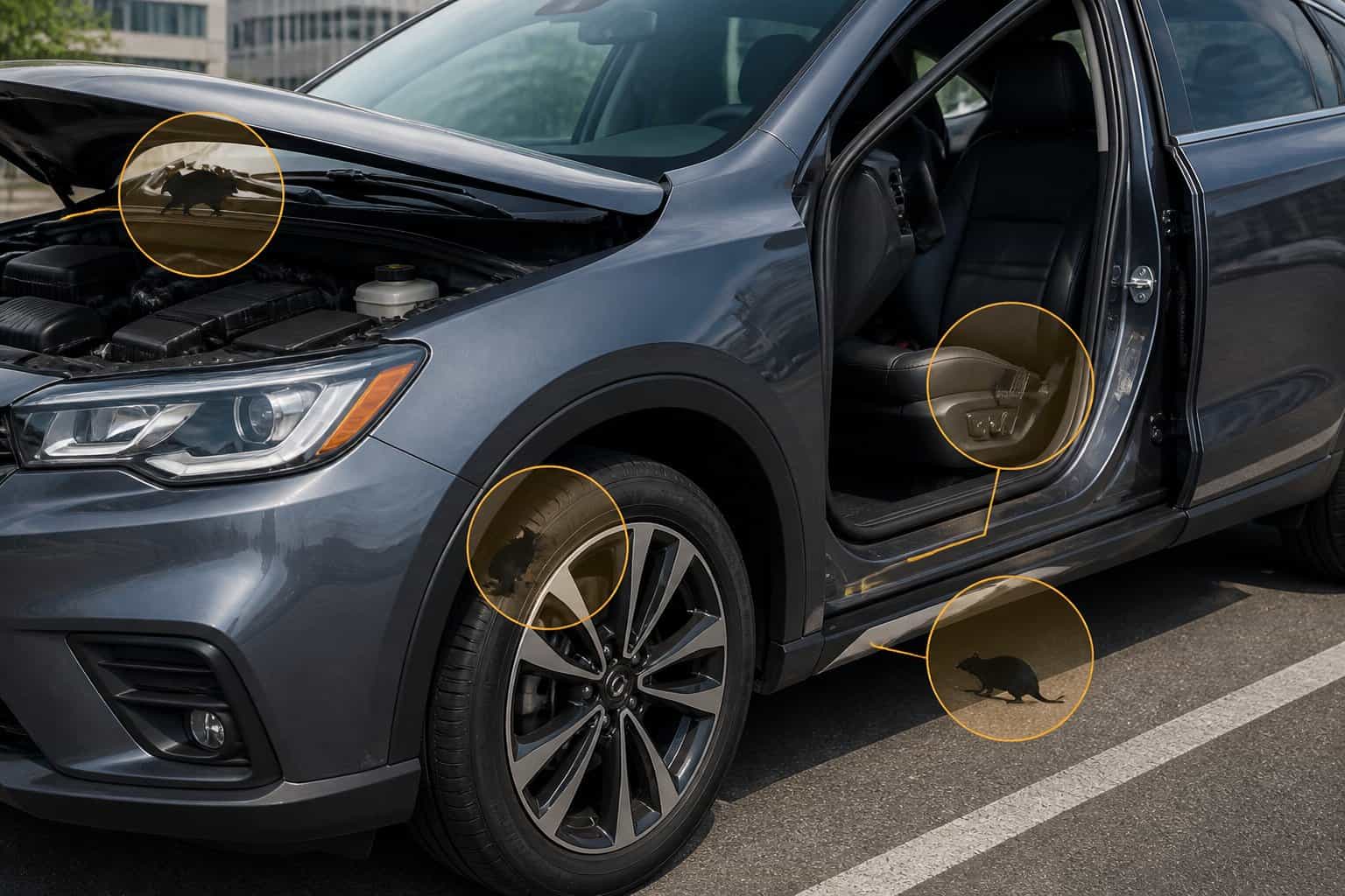 Close-up of a car showing possible entry points where rats might get inside, including the engine compartment, wheel wells, undercarriage, and interior floor area.