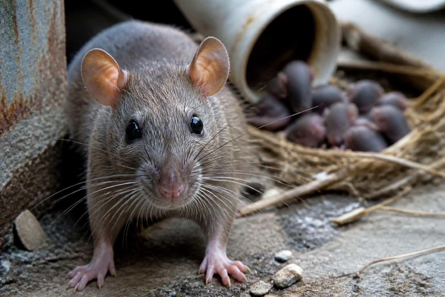 A close-up of a healthy adult rat with a nest of baby rats in an urban environment.