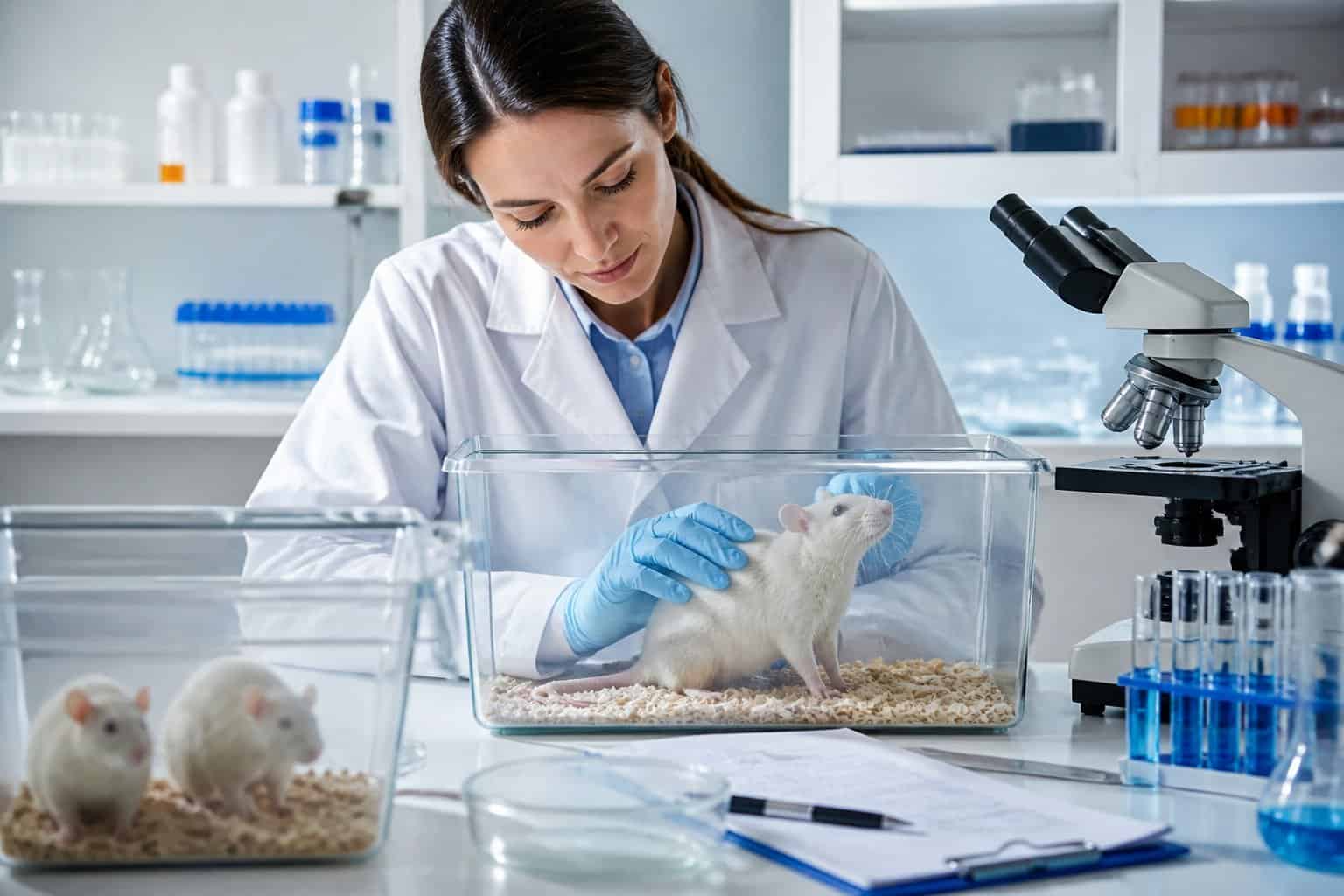A researcher in a lab coat carefully handling a rat inside a glass enclosure in a scientific laboratory.