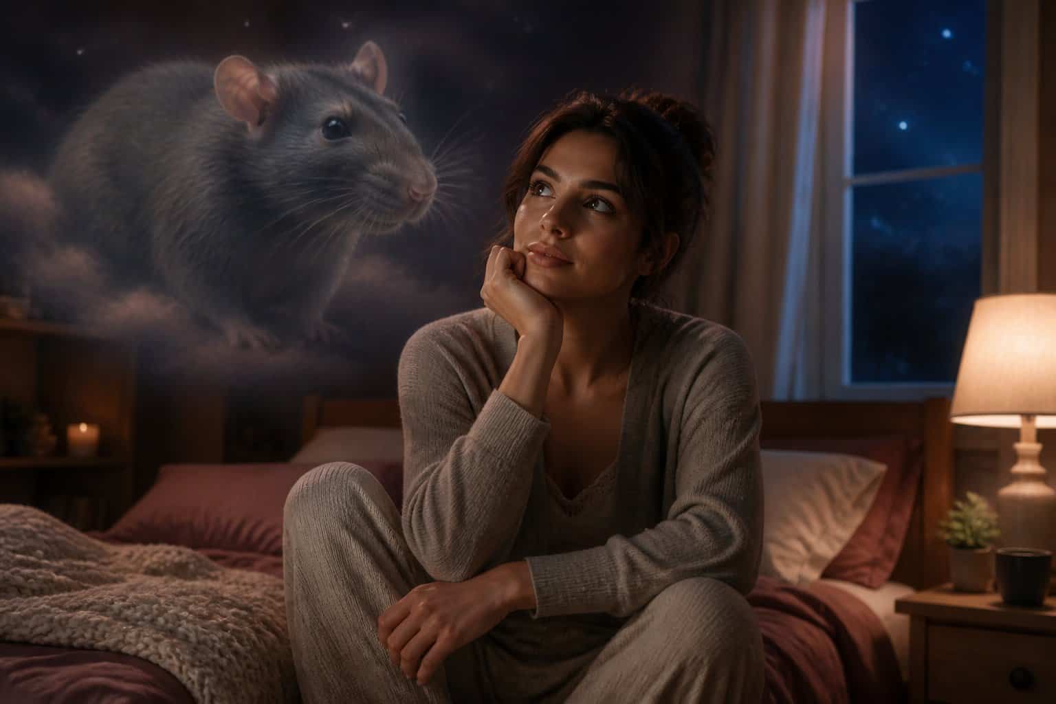 A person sitting thoughtfully in a softly lit bedroom at night with a faint image of a rat in the background, symbolizing a dream.
