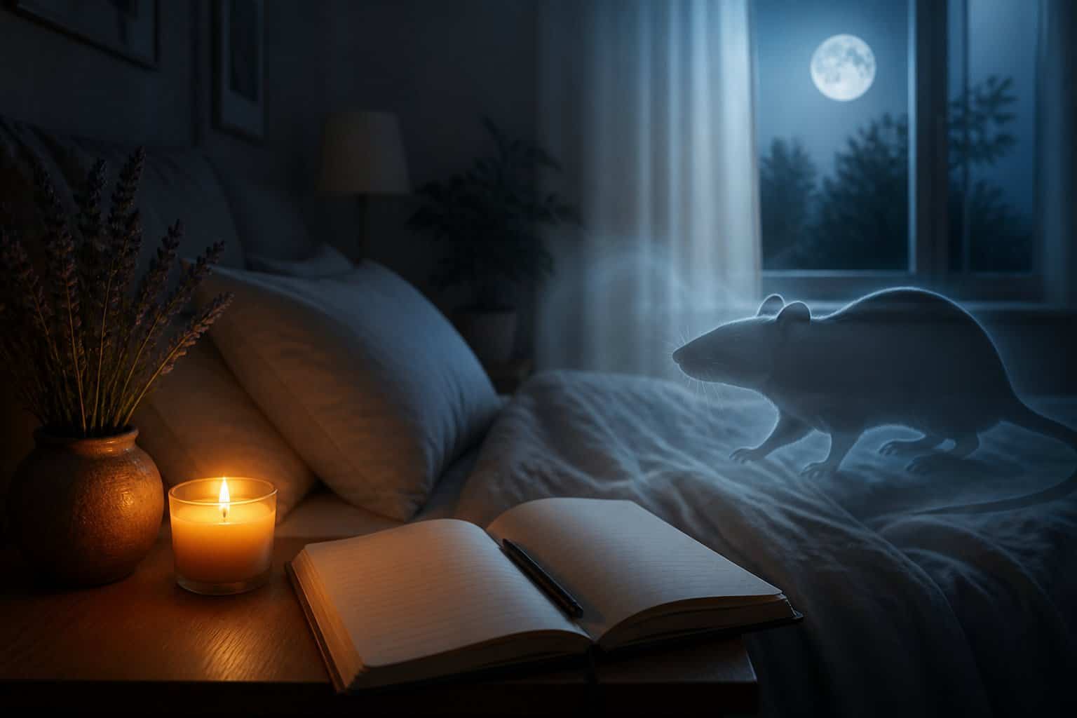 A calm bedroom at night with moonlight through a window, an open journal and candle on a bedside table, and a faint silhouette of a rat in the background.