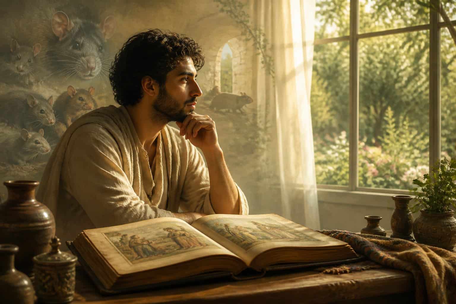 A person sitting quietly in a softly lit room near a window, surrounded by an open ancient book and faint images of rats blending into the background.