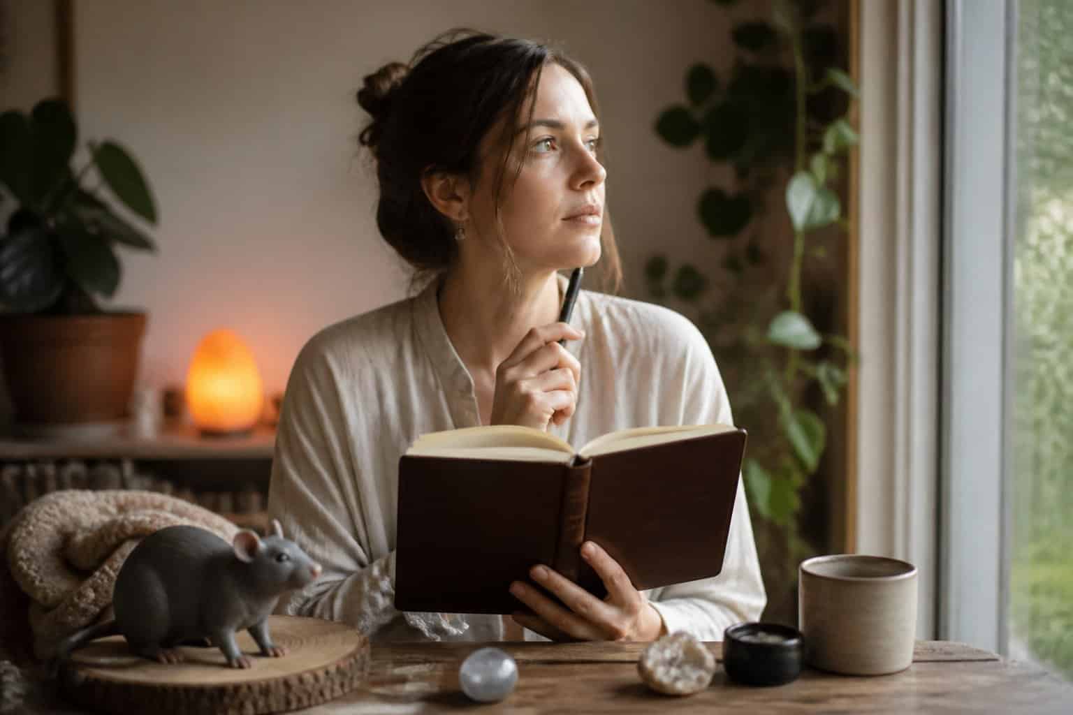 A person sitting thoughtfully by a window with a dream journal and a small rat figurine on the table, surrounded by plants in a cozy room.