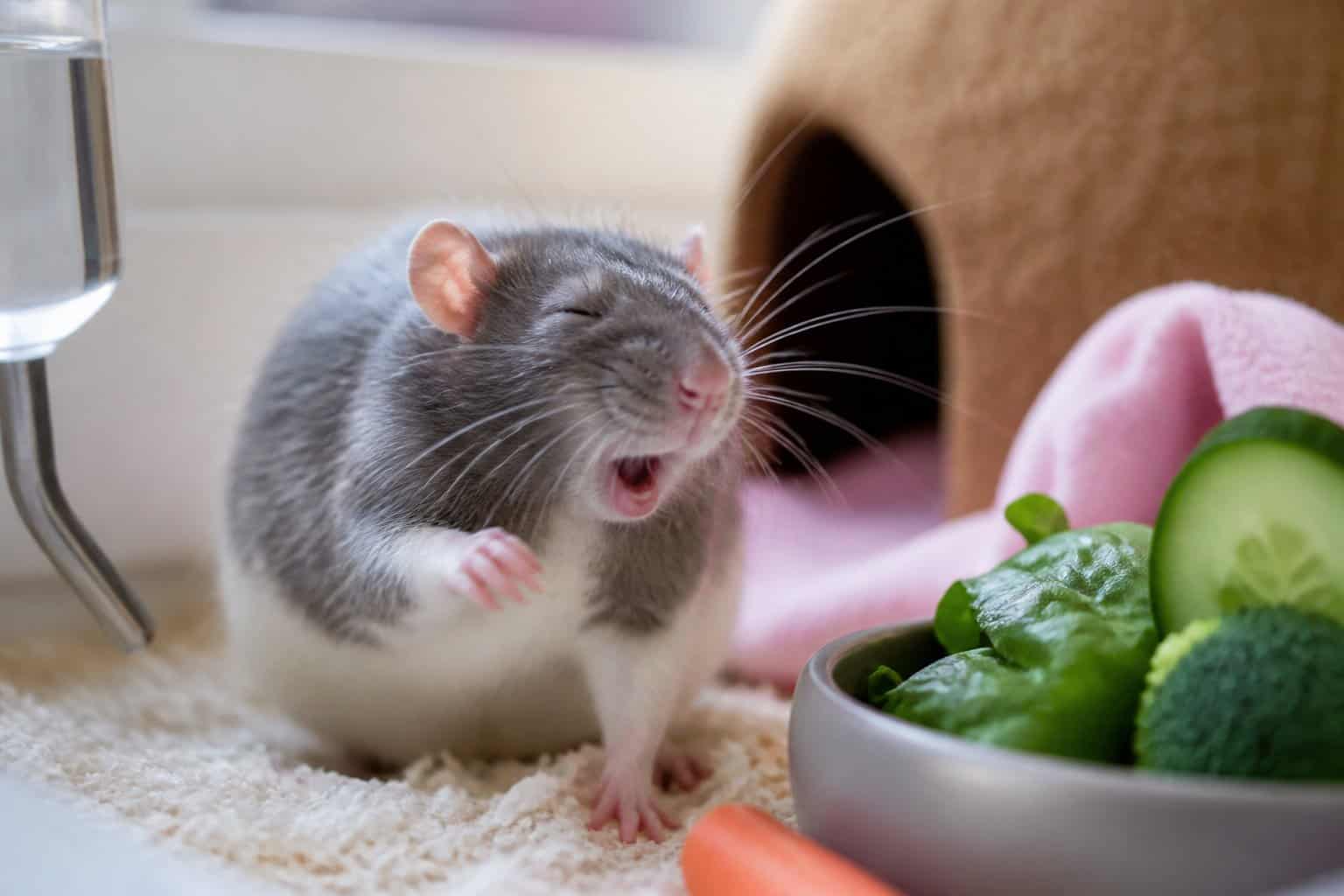 A close-up of a pet rat sneezing indoors with soft bedding and fresh vegetables nearby.