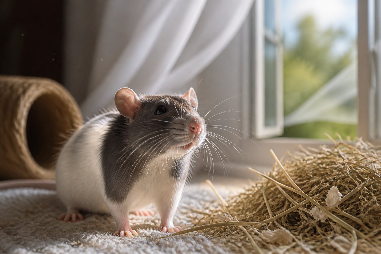 Close-up of a pet rat indoors surrounded by dust particles and hay near an open window with soft natural light.