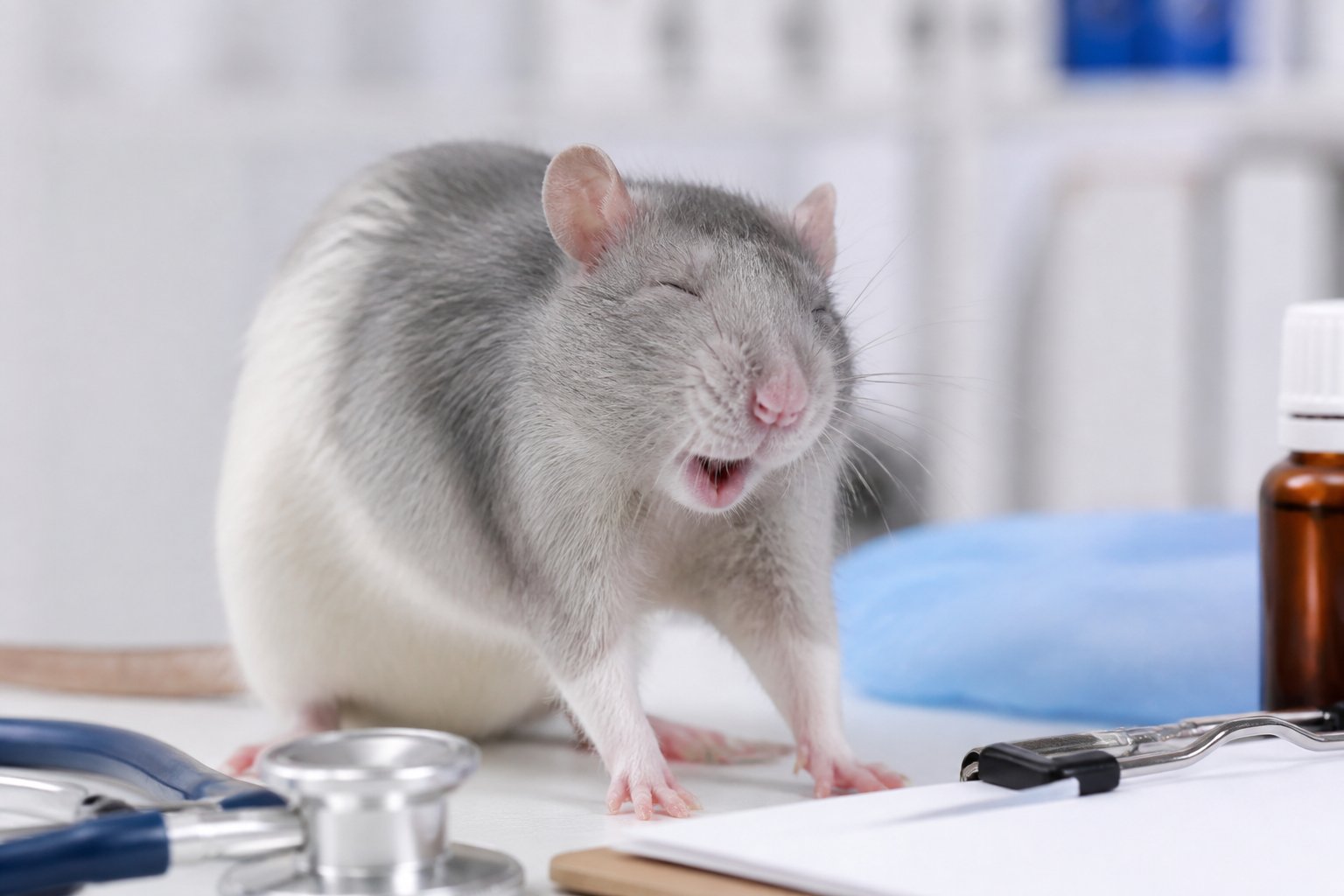 Close-up of a domestic rat sneezing in a clean veterinary setting with medical equipment nearby.