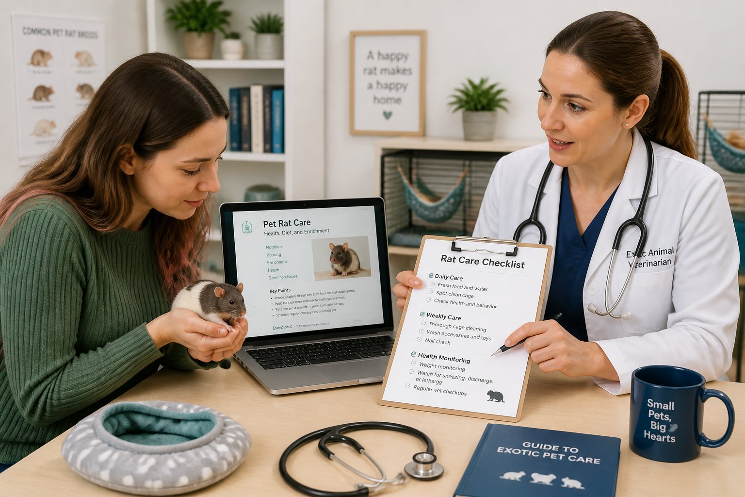 A pet owner holding a small rat while a veterinarian explains care instructions at a table.