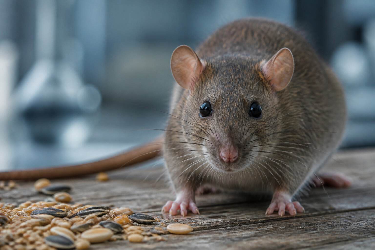 Close-up of a rat on a wooden surface with natural lighting, surrounded by seeds and a blurred background suggesting a lab or urban setting.