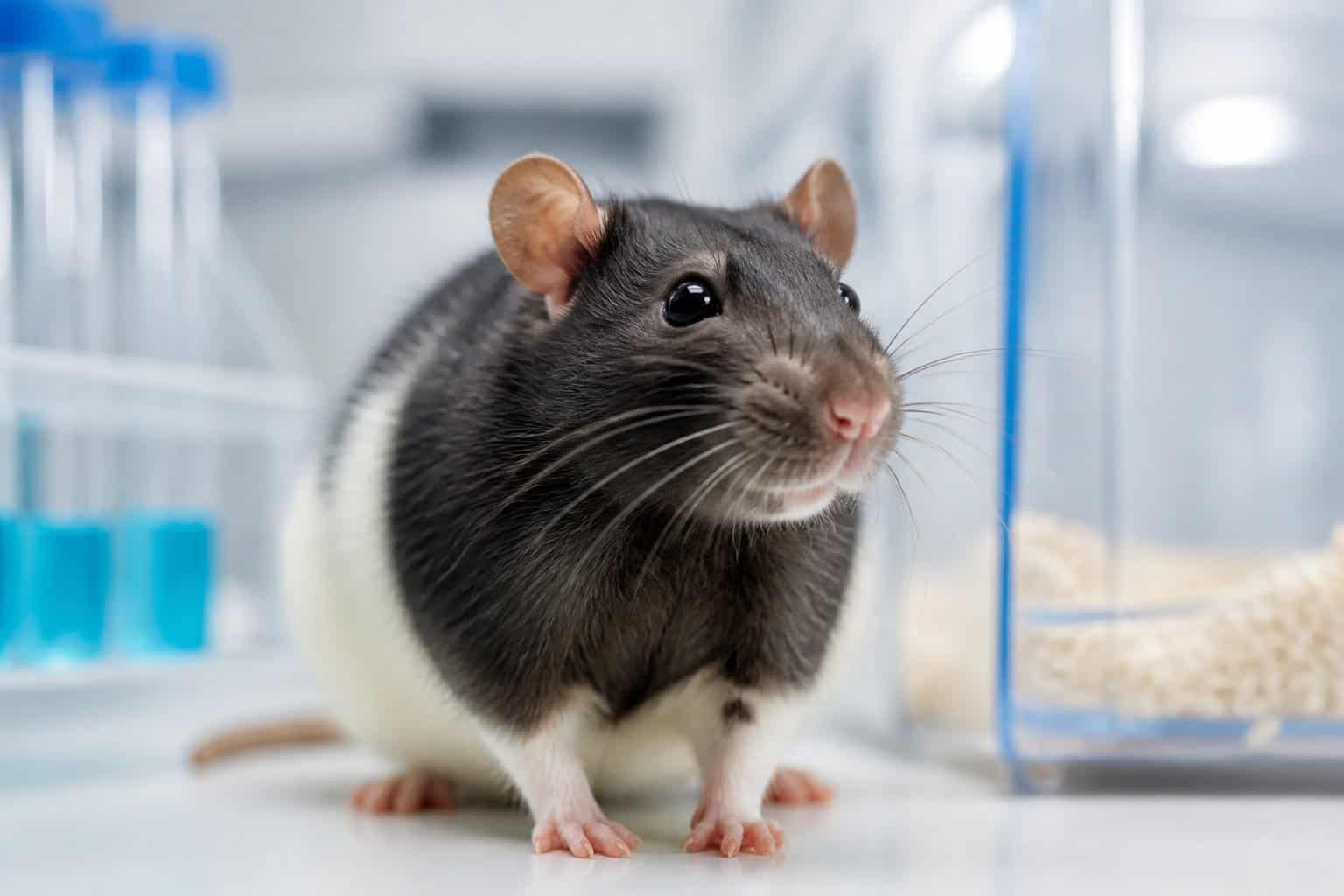 A close-up of a domesticated rat in a clean environment with scientific equipment and pet accessories in the background.