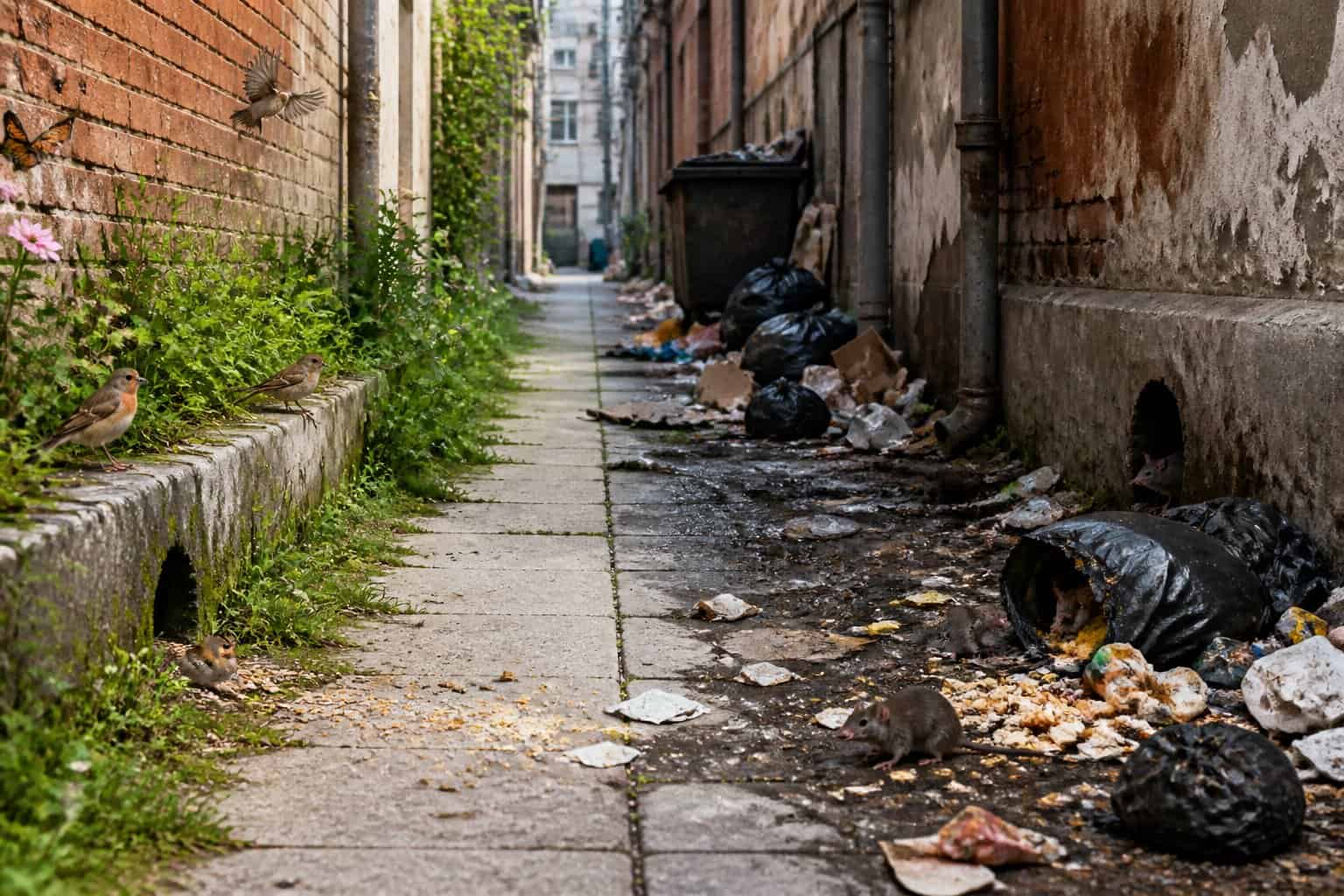 A city alleyway showing areas with healthy wildlife and areas affected by rat activity, with signs of burrows, scattered food, and disturbed trash.