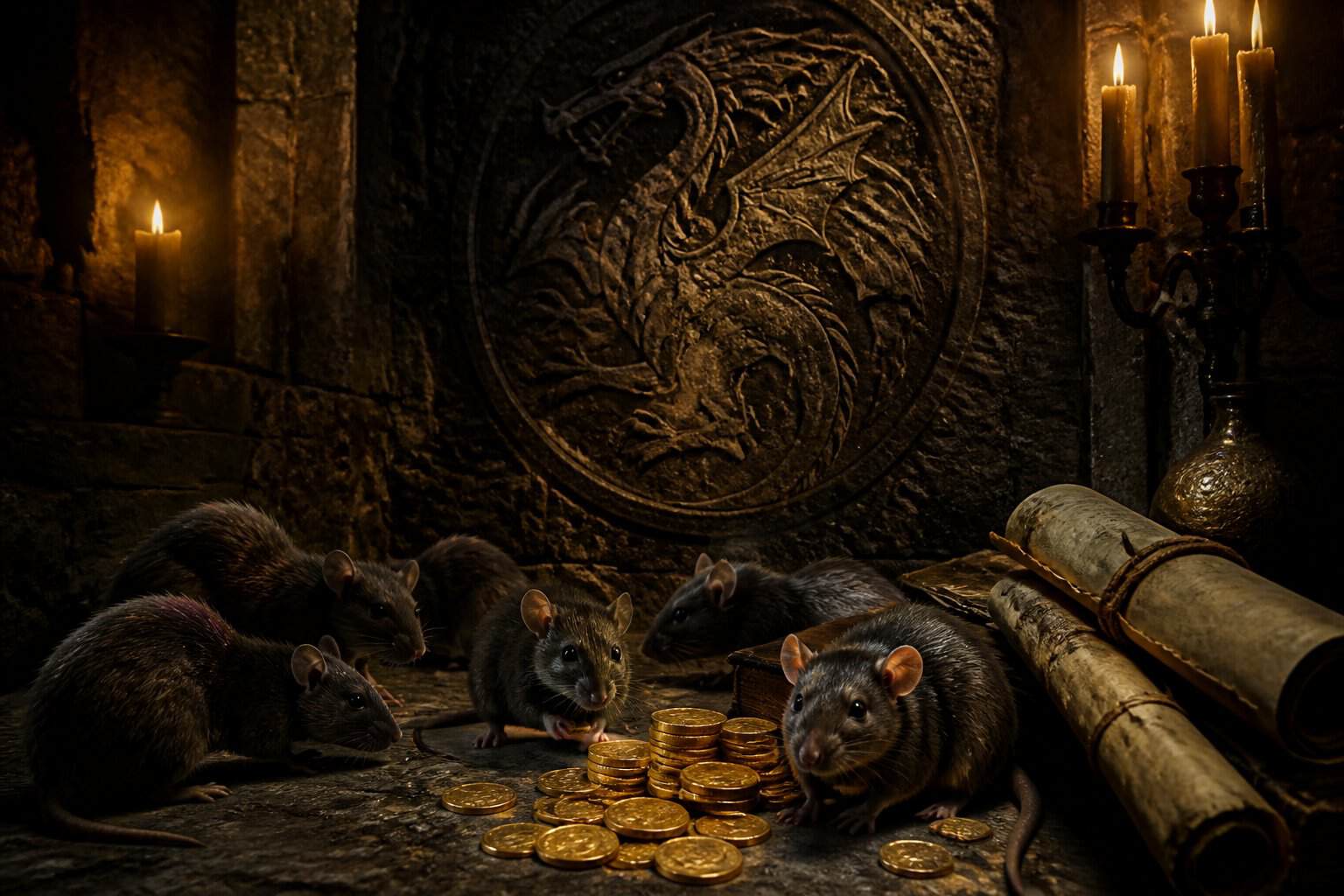 A dimly lit medieval room with stone walls, several rats near gold coins and scrolls, and a dragon emblem carved into the wall.