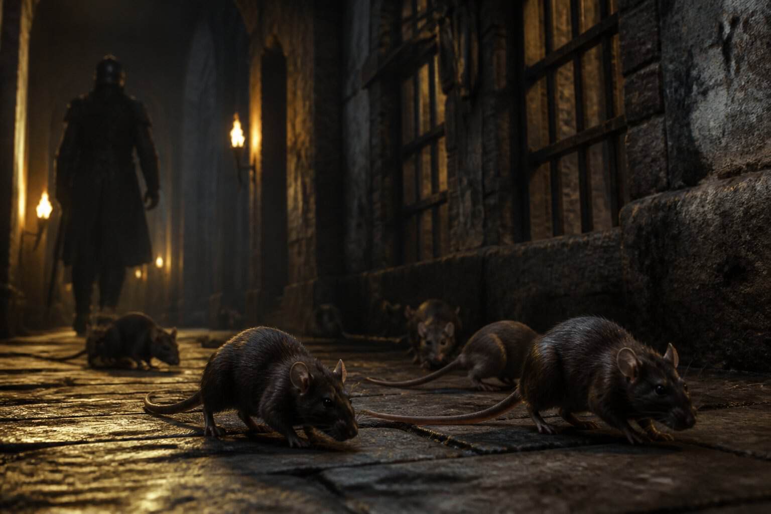 A dimly lit medieval castle corridor with several rats running across the stone floor.