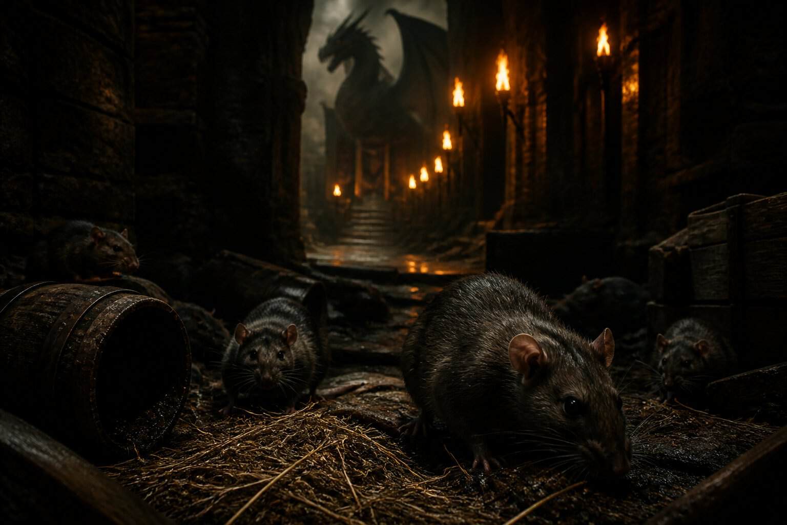 Several rats exploring a dimly lit ancient stone chamber with wooden beams and flickering torchlight, suggesting a tense and foreboding atmosphere.
