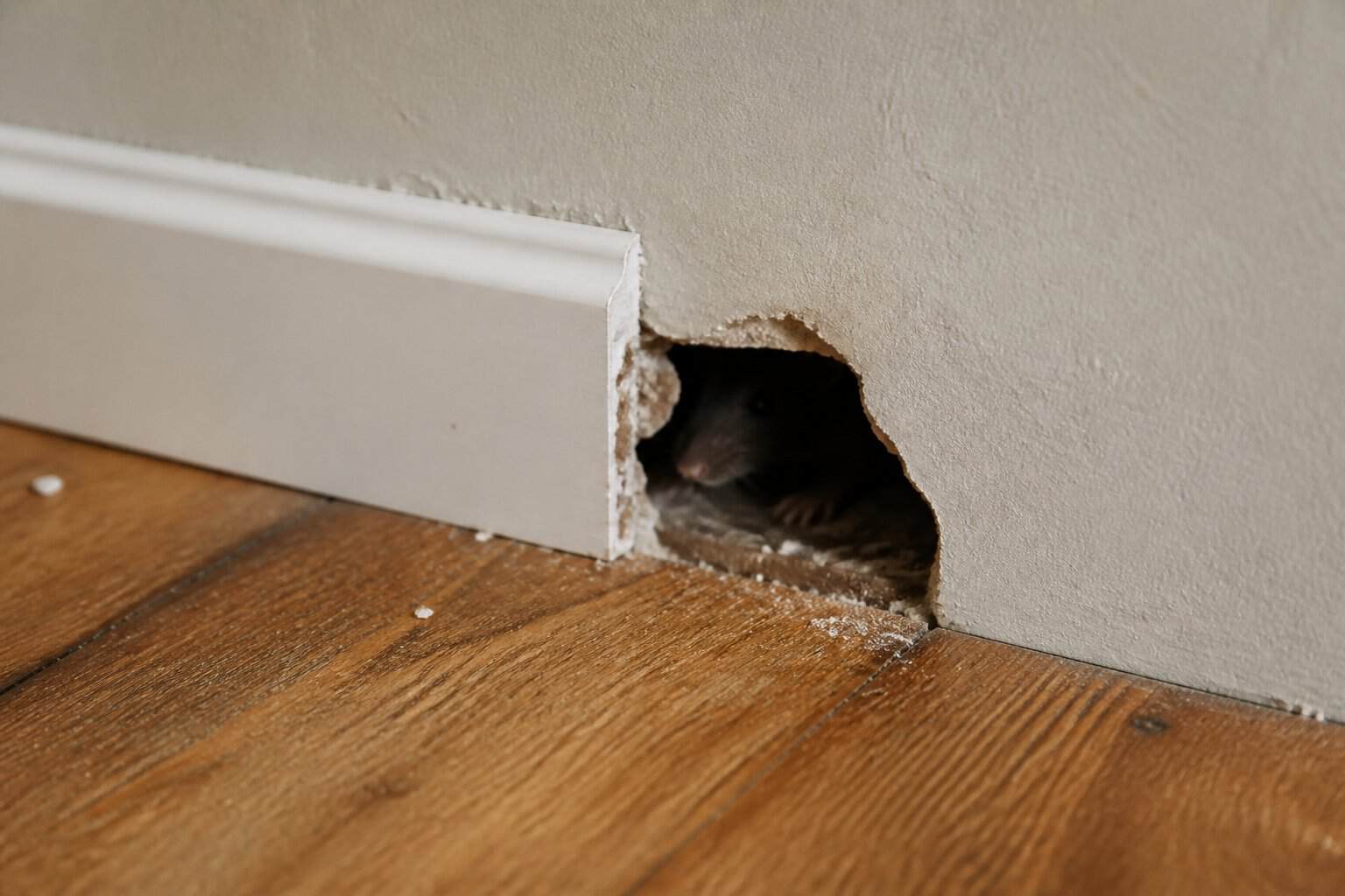 Close-up of a residential wall with a small hole near the baseboard, suggesting rat activity inside the wall cavity.