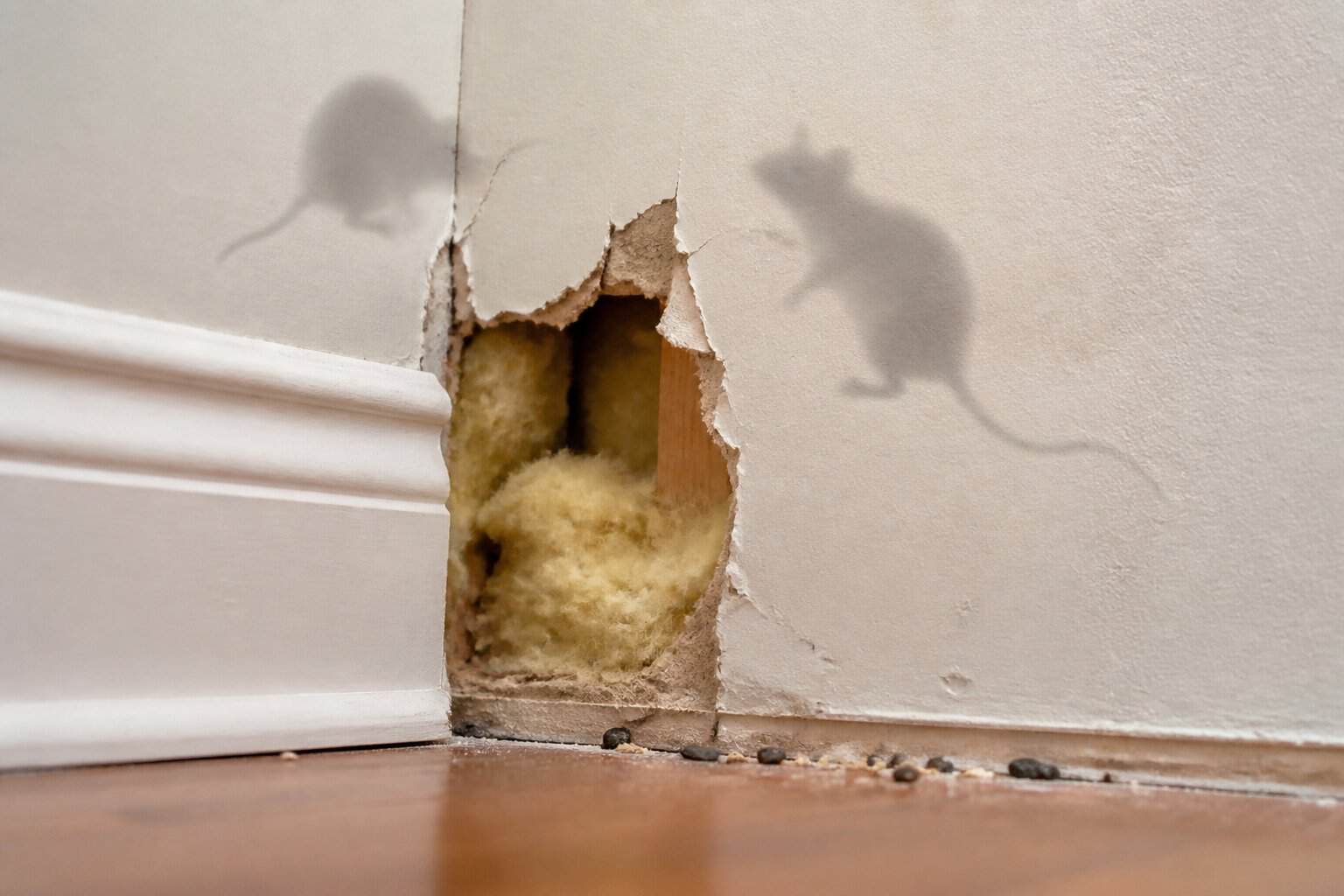Close-up of a residential wall with a small hole showing insulation and faint shadows of rats inside.