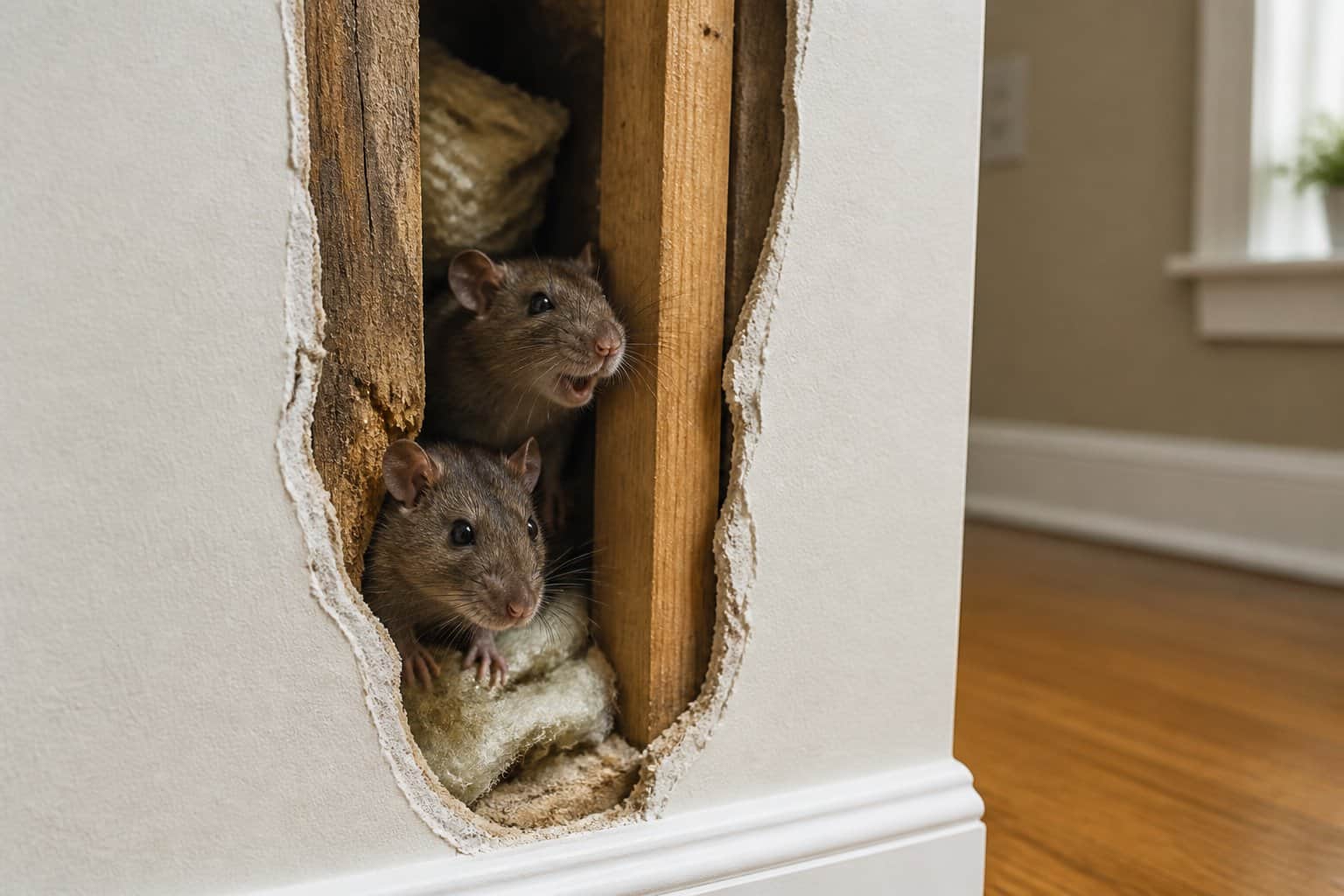 Close-up of a house wall with a gap showing two rats inside near wooden beams and insulation.