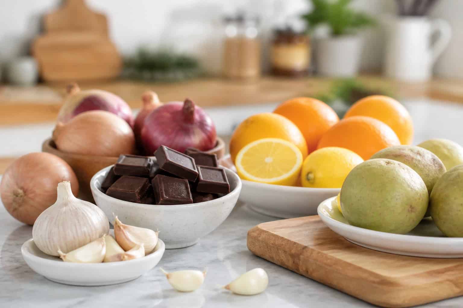 A kitchen countertop displaying garlic, chocolate, onions, citrus fruits, and green potatoes arranged on dishes and cutting boards.