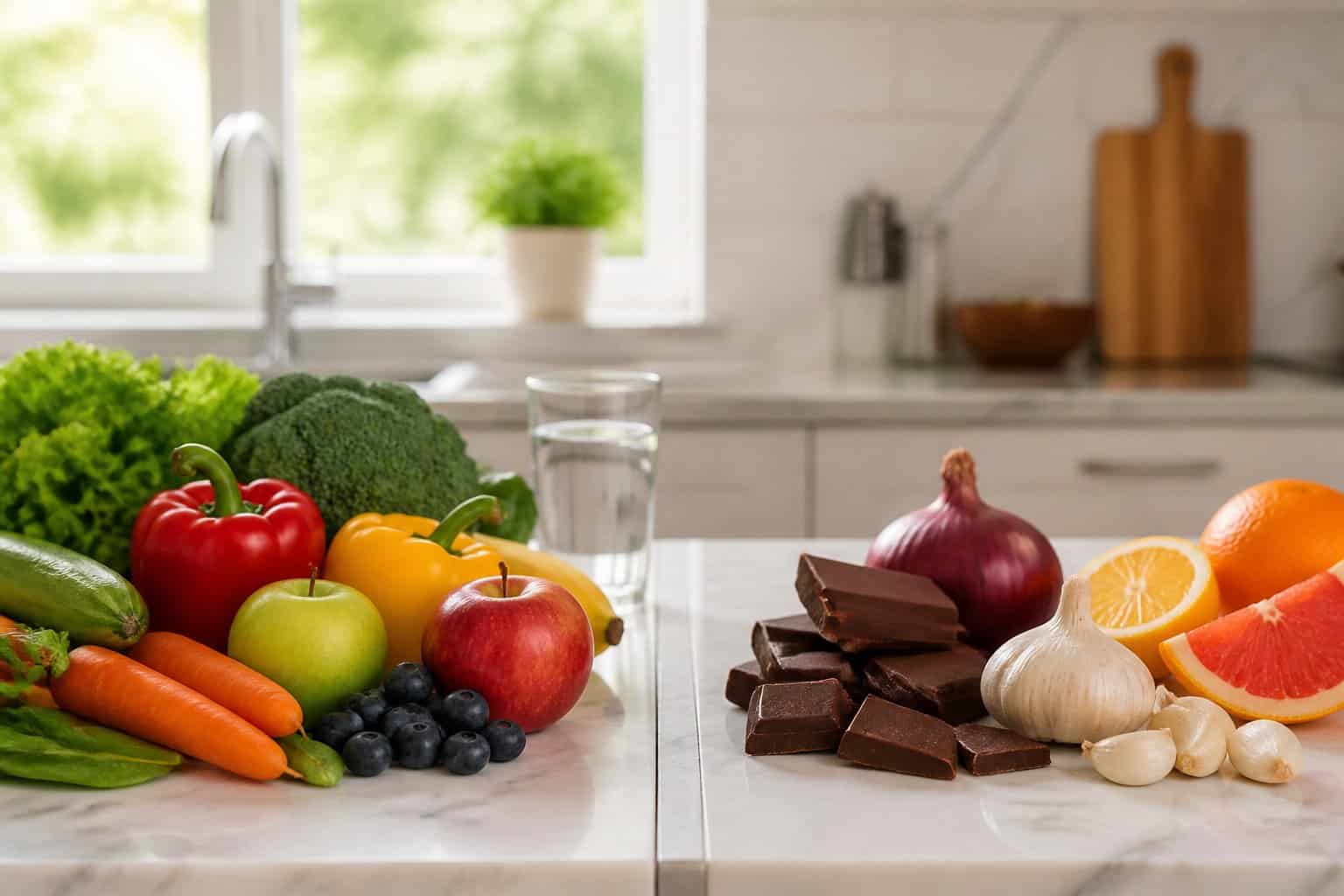 A kitchen countertop displaying fresh fruits and vegetables separated from foods harmful to rats, with natural light coming through a window.