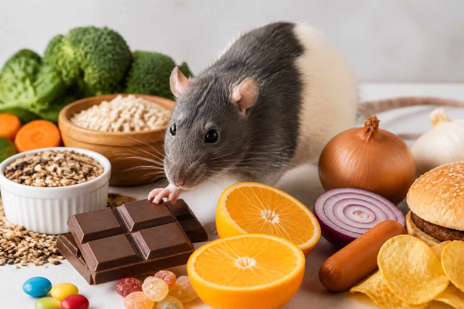 A pet rat near various foods including harmful items like chocolate and citrus fruits, alongside safe vegetables, illustrating foods rats should avoid.
