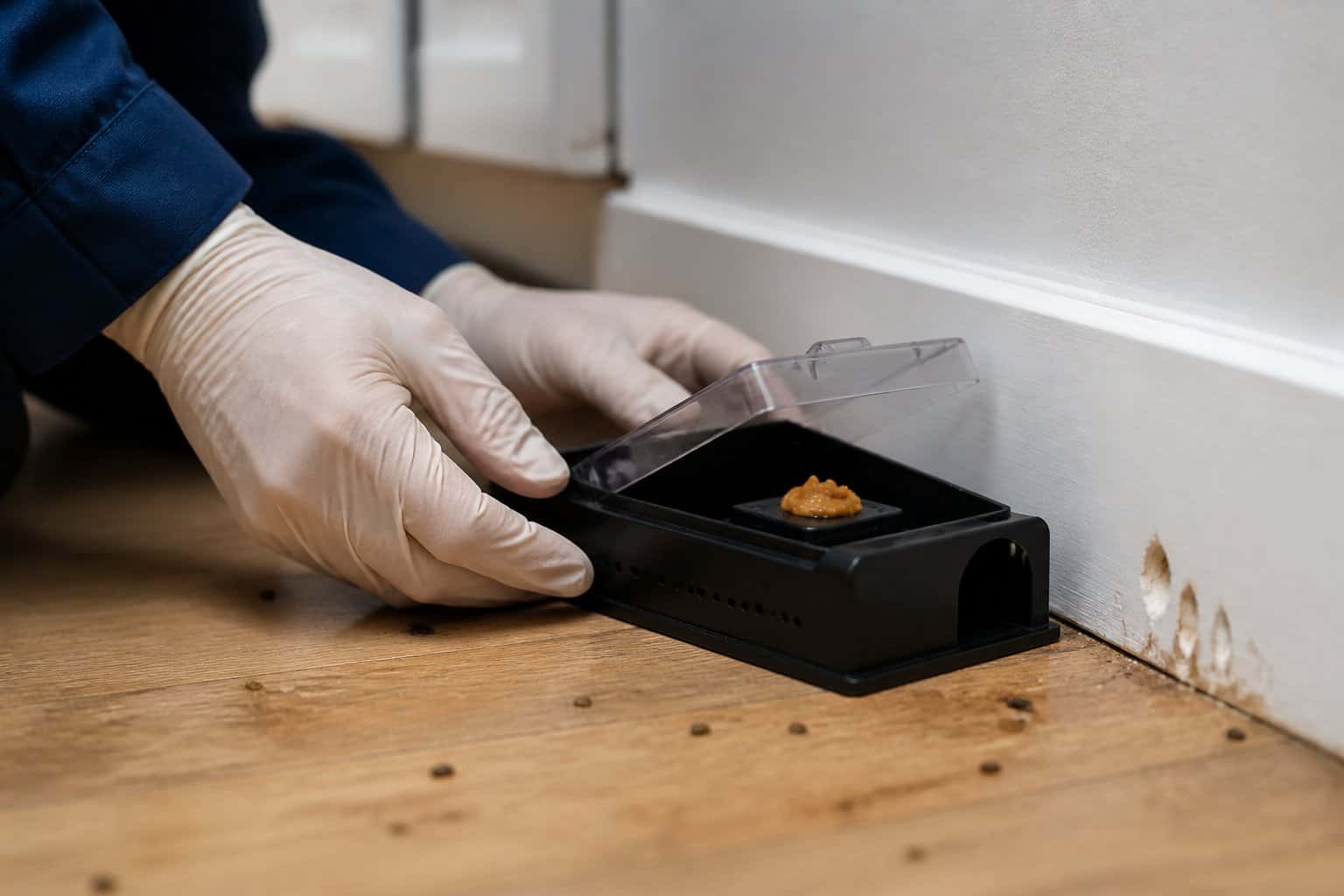 A person setting a humane rat trap with bait along a baseboard in a clean indoor space.