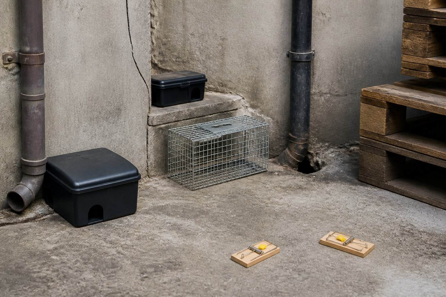 An empty urban alleyway corner with rat traps and bait stations placed near cracks and pipes, showing a clean environment with no food or water sources.