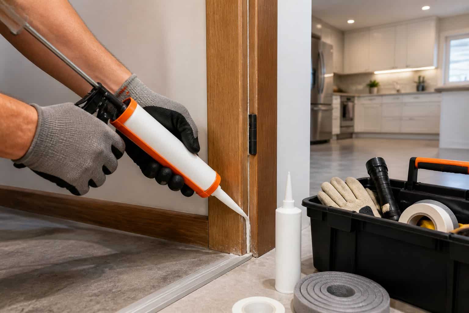 Hands sealing cracks around a door frame with caulk and a caulking gun in a clean home environment.