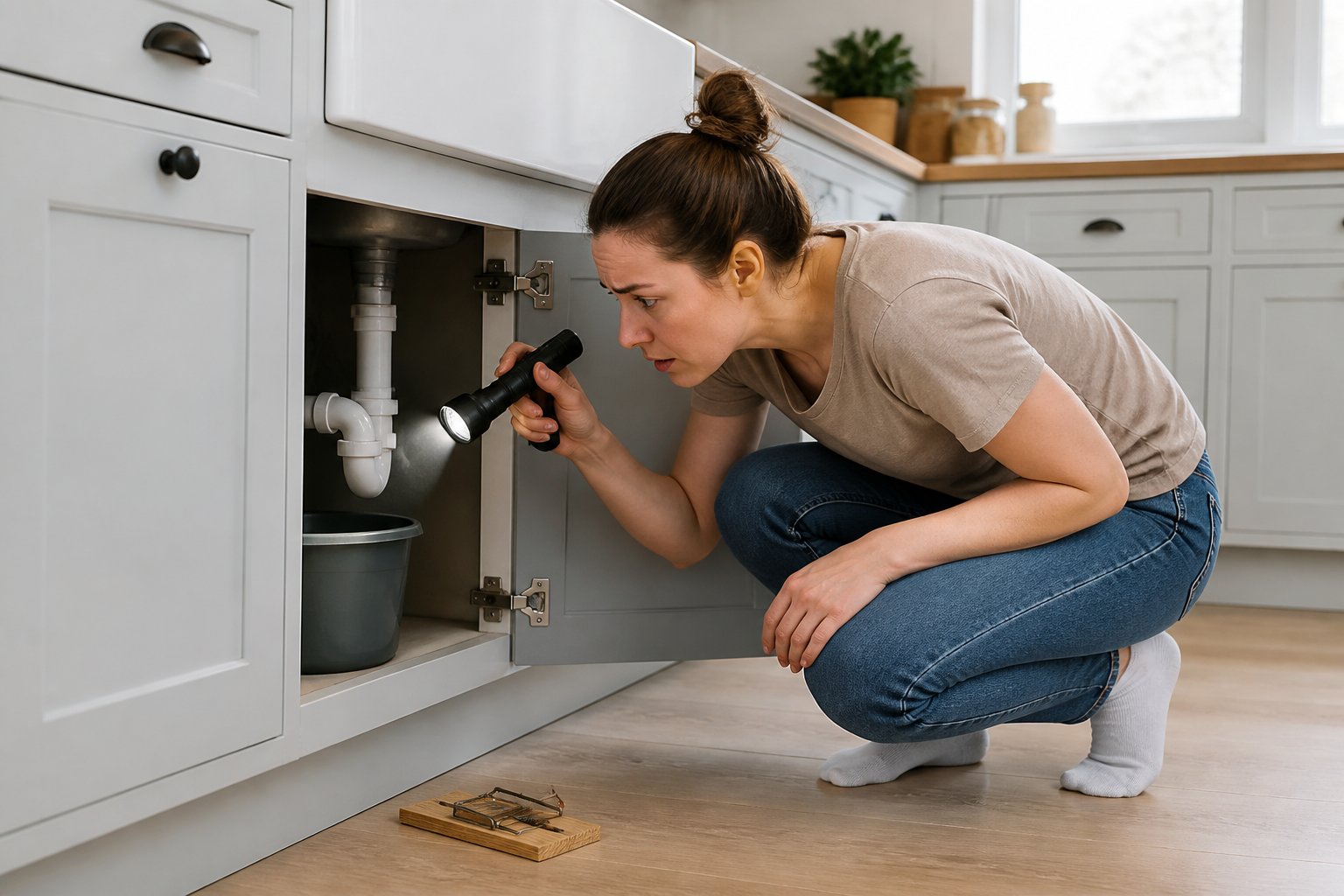 A person inspecting under a kitchen sink with a flashlight, with a small rat trap on the floor nearby.
