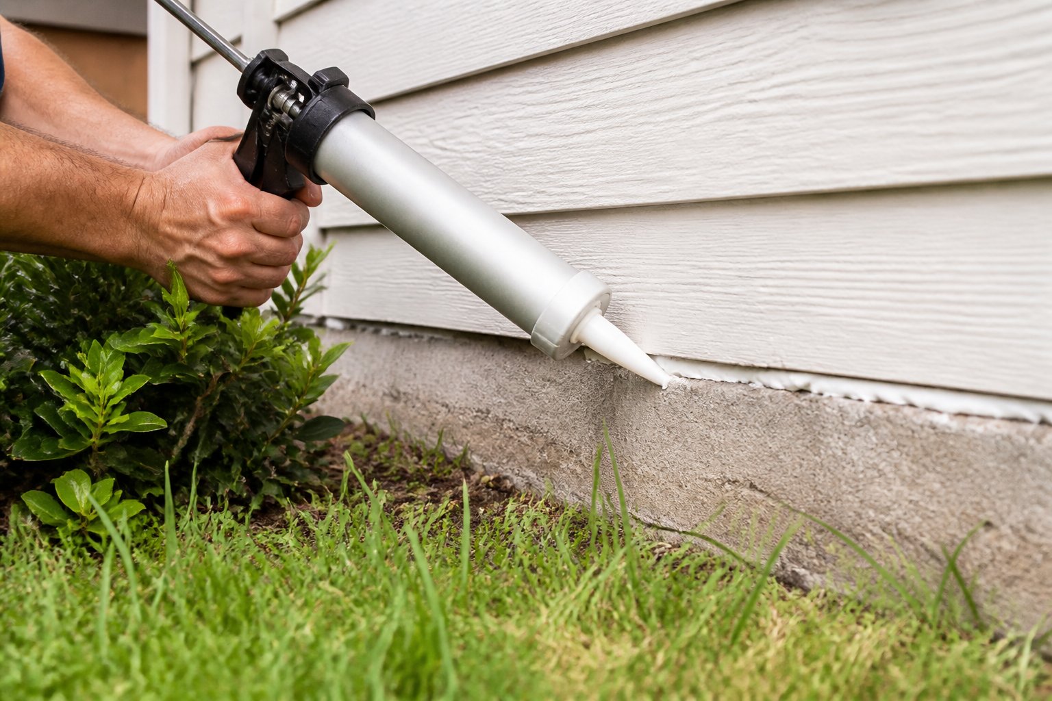 Hands sealing cracks on the exterior wall of a house to prevent rats from entering.