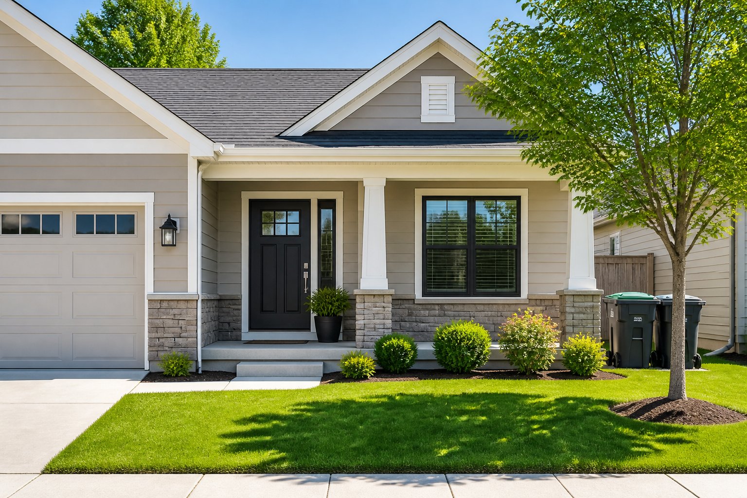Exterior of a clean, well-maintained house with sealed doors and windows and a tidy yard showing signs of rodent prevention.
