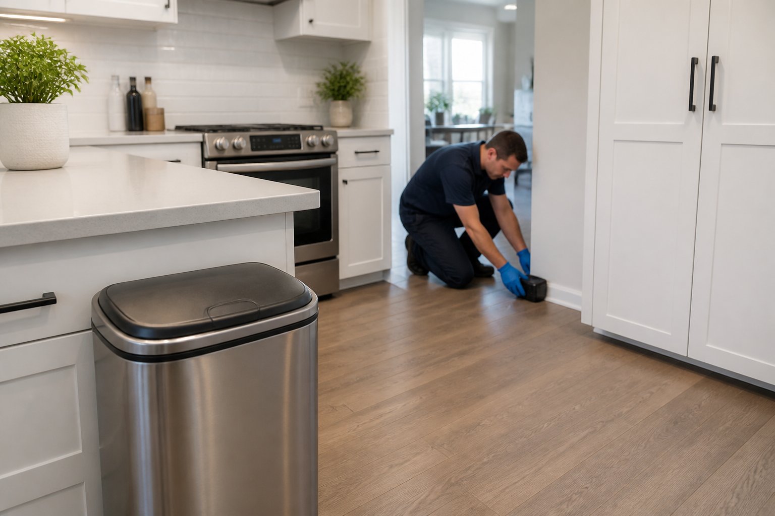 A clean kitchen with a person placing rat bait stations along the baseboards, showing measures to keep rats out.