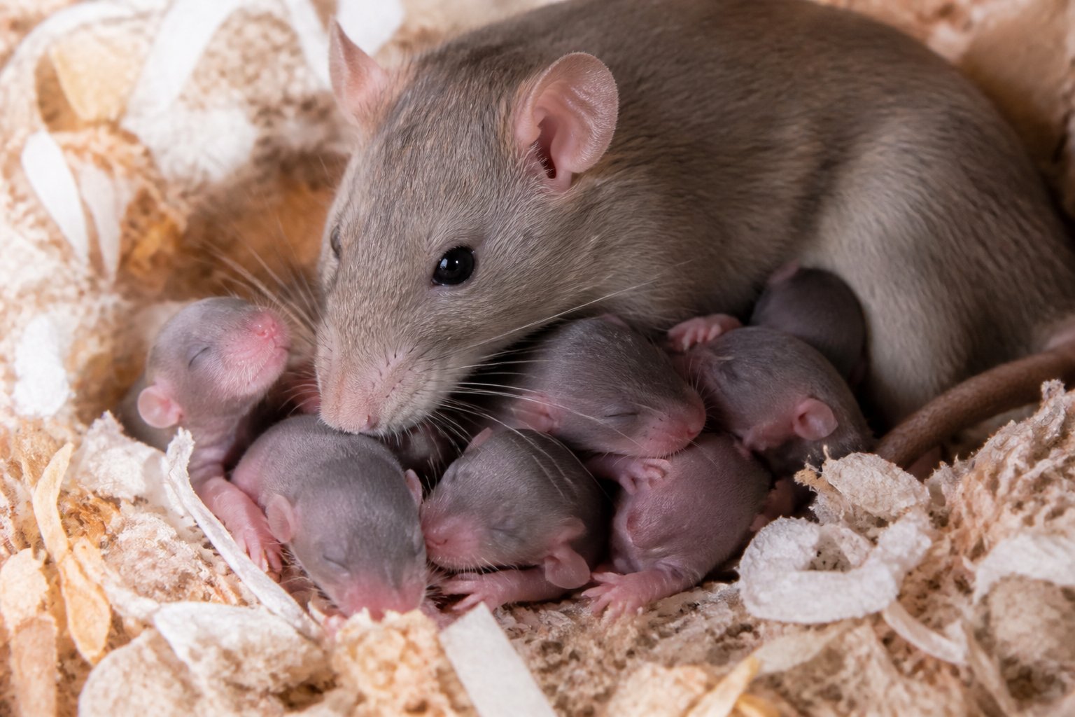 A mother rat caring for her small newborn pups in a cozy nest.
