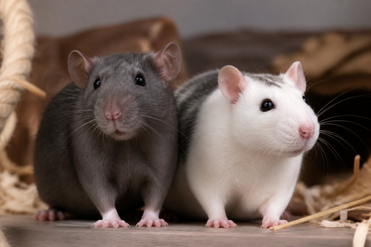Two adult rats in a natural indoor setting with nesting materials, showing healthy and alert animals.