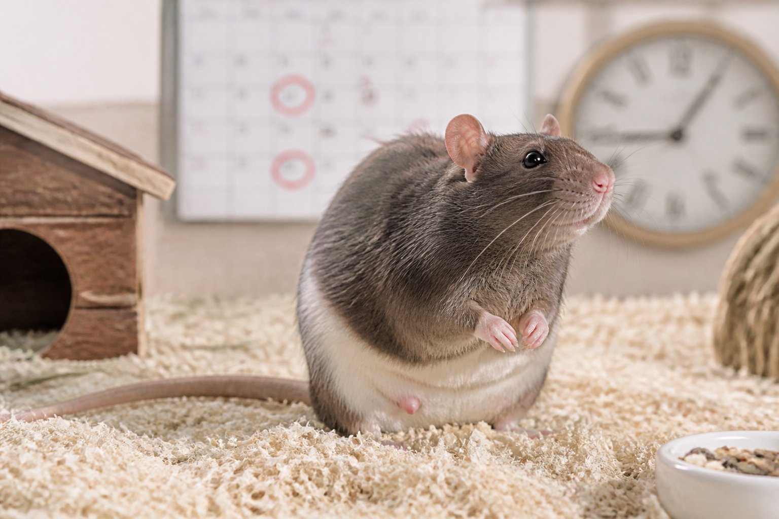 A close-up of a healthy adult rat on soft bedding inside a clean enclosure with a blurred clock and calendar in the background.