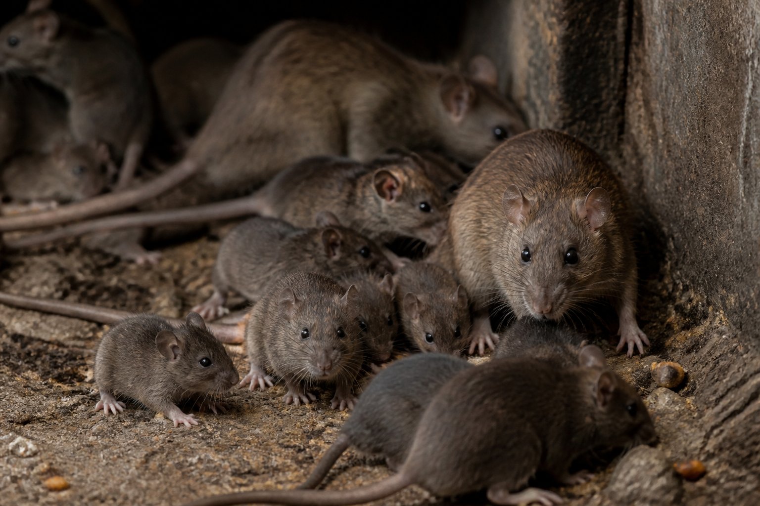 Several rats of different sizes moving around in a natural setting, showing a growing rat population.