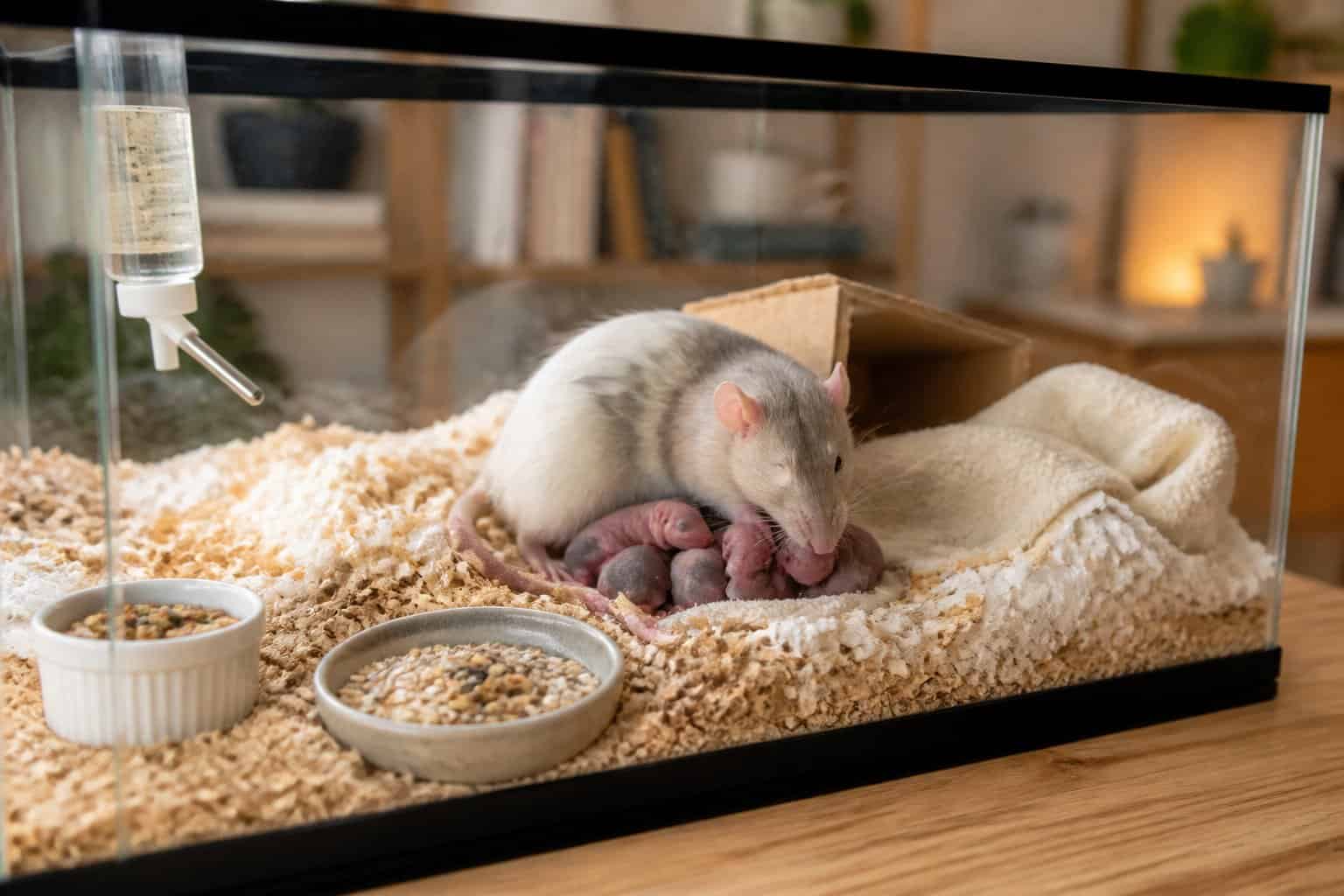 A mother rat caring for her newborn pups inside a clean, well-equipped home enclosure.