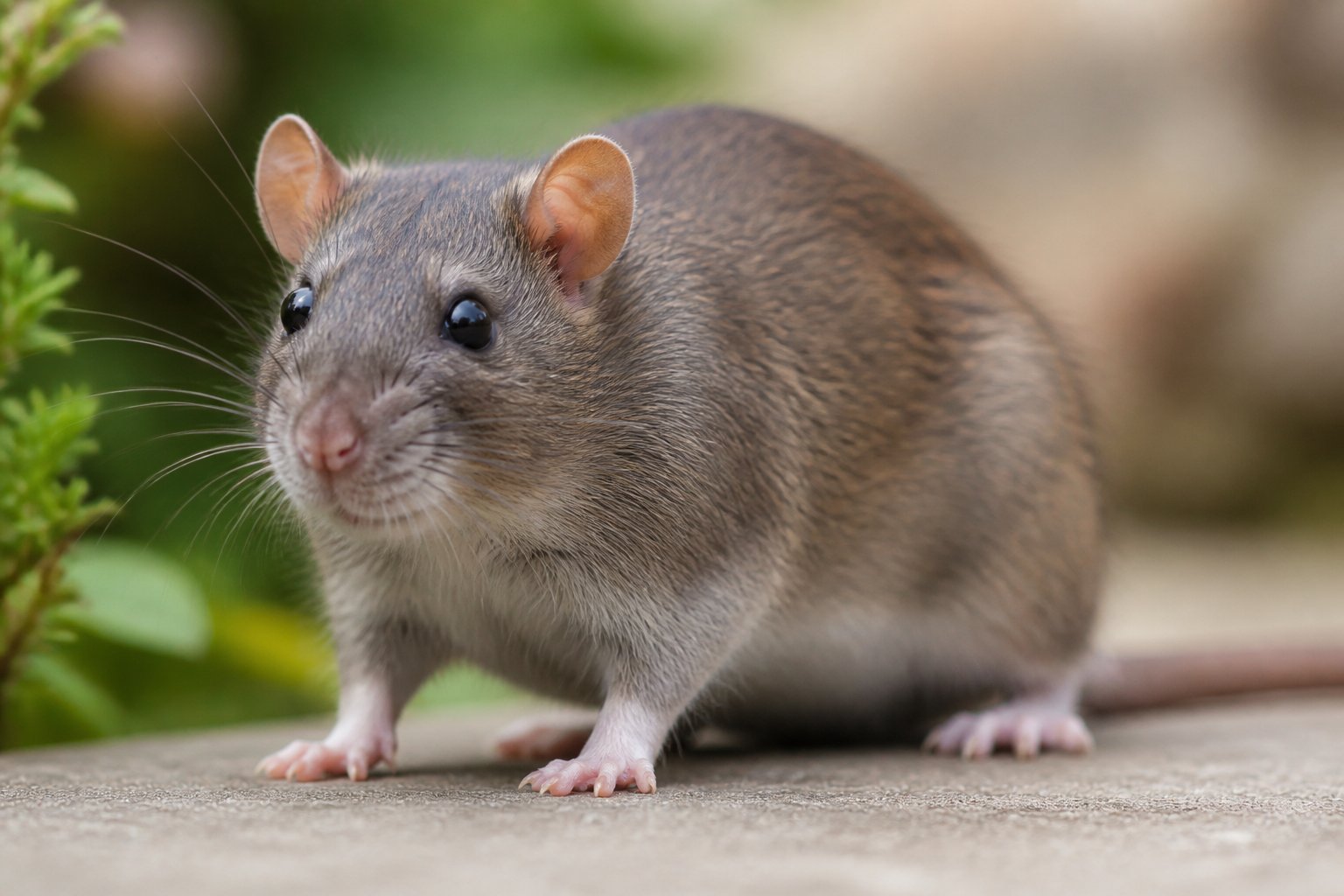 Close-up of a healthy adult rat standing on a neutral surface with a blurred natural background.