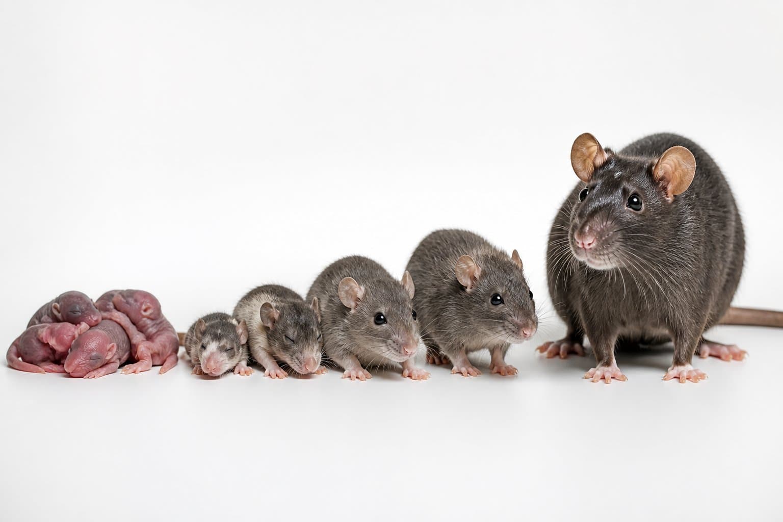 A series of rats showing their growth stages from newborn pups to juvenile rats to a fully grown adult rat on a neutral background.