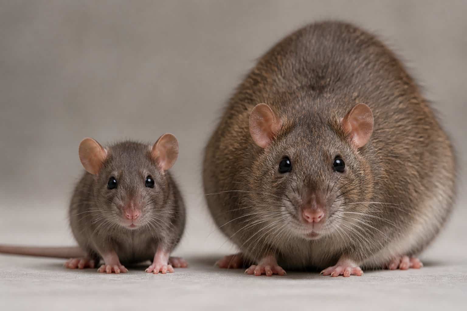 Two rats side by side showing the size and fur differences between a young rat and a fully mature adult rat.