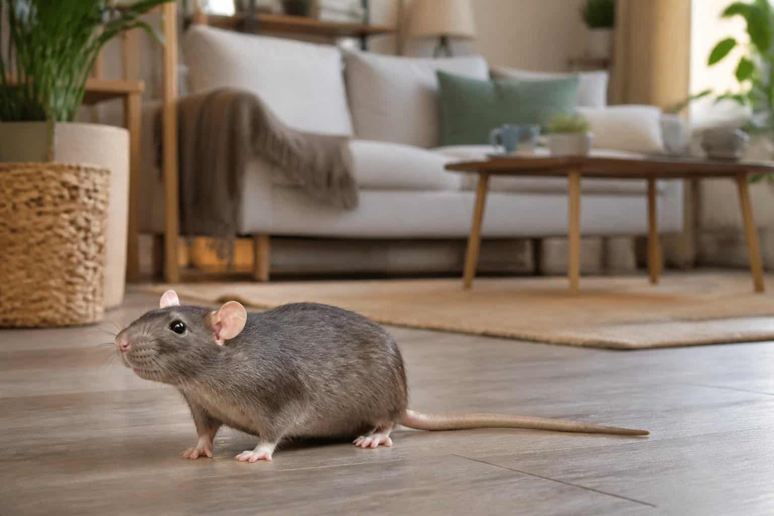 An adult rat on the floor in a clean, modern living room with a sofa, coffee table, and plants.