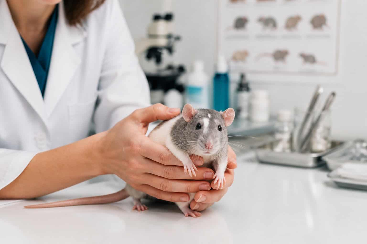 A veterinarian gently holding a young rat on an examination table in a veterinary clinic.