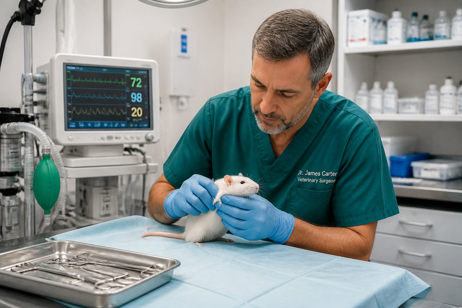 Veterinarian examining a small white rat on a surgical table in a veterinary clinic operating room.