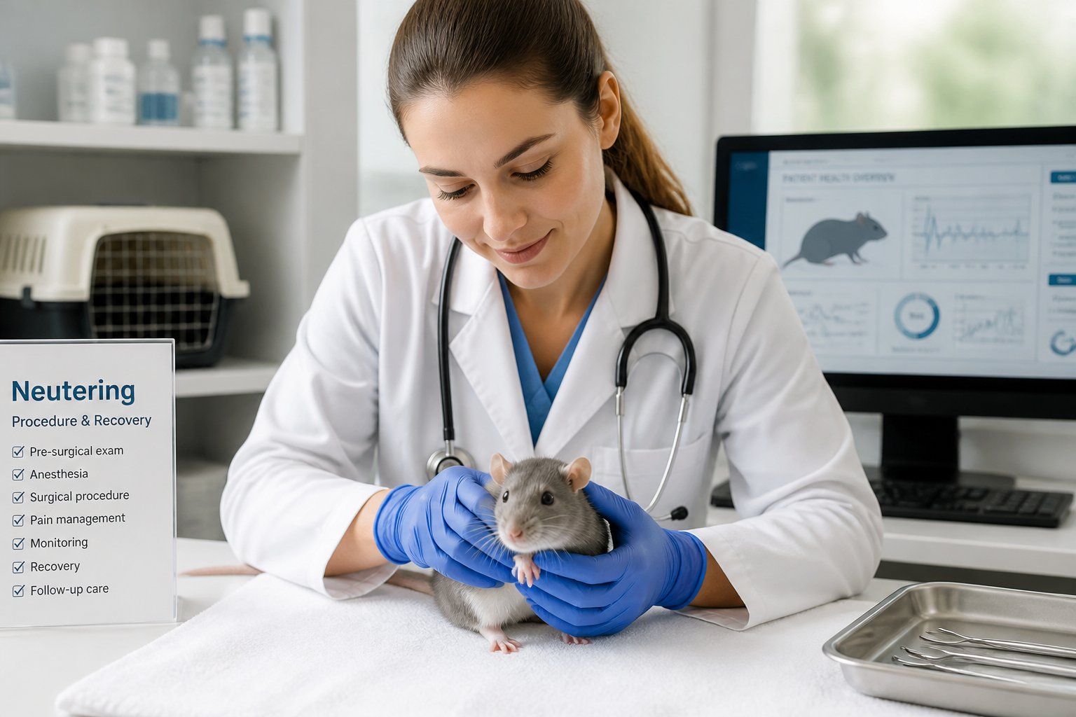 A female veterinarian gently holding a small rat on an examination table in a veterinary clinic.