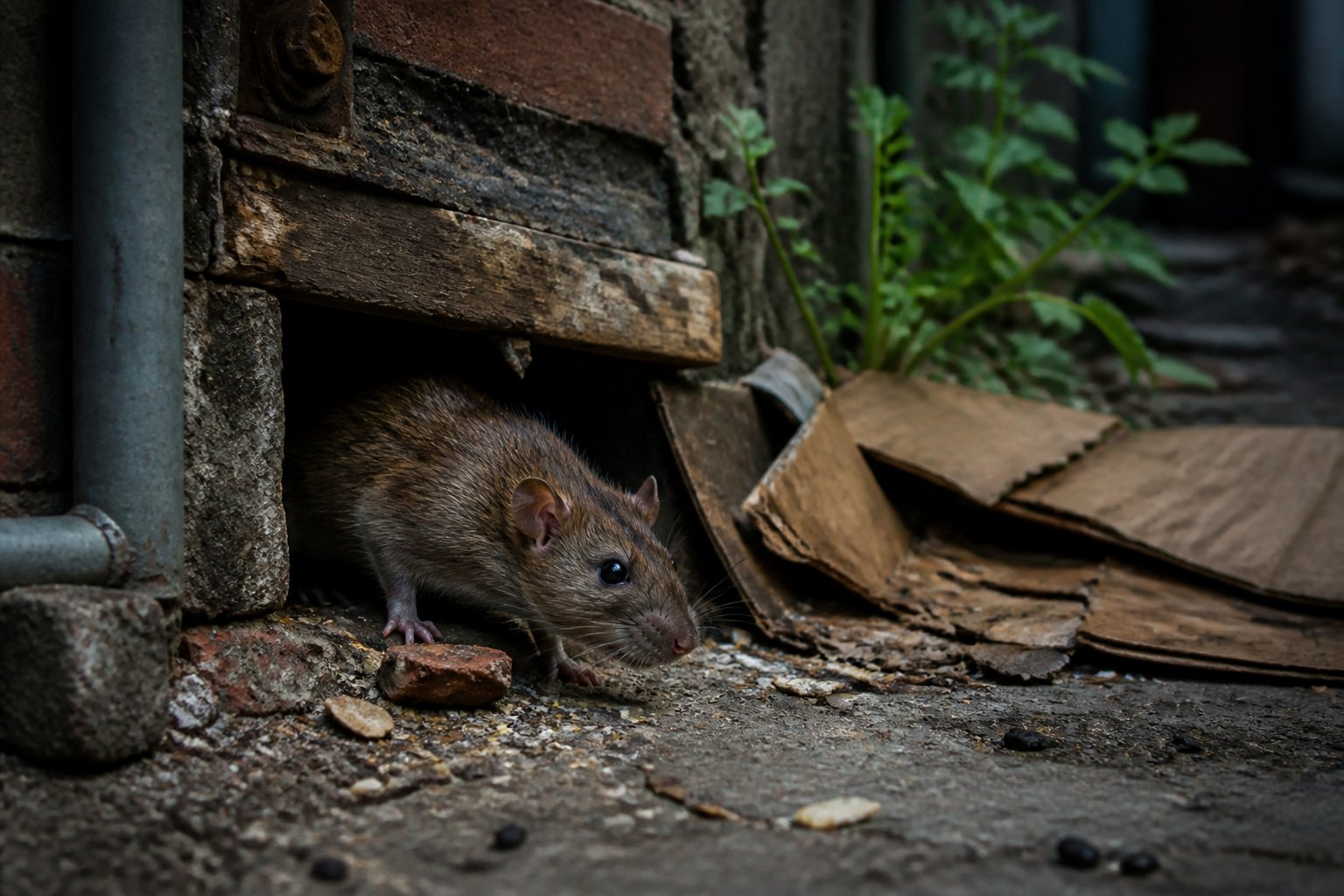 A brown rat cautiously emerging from a dark hole in an alleyway surrounded by bricks, pipes, and scattered debris.