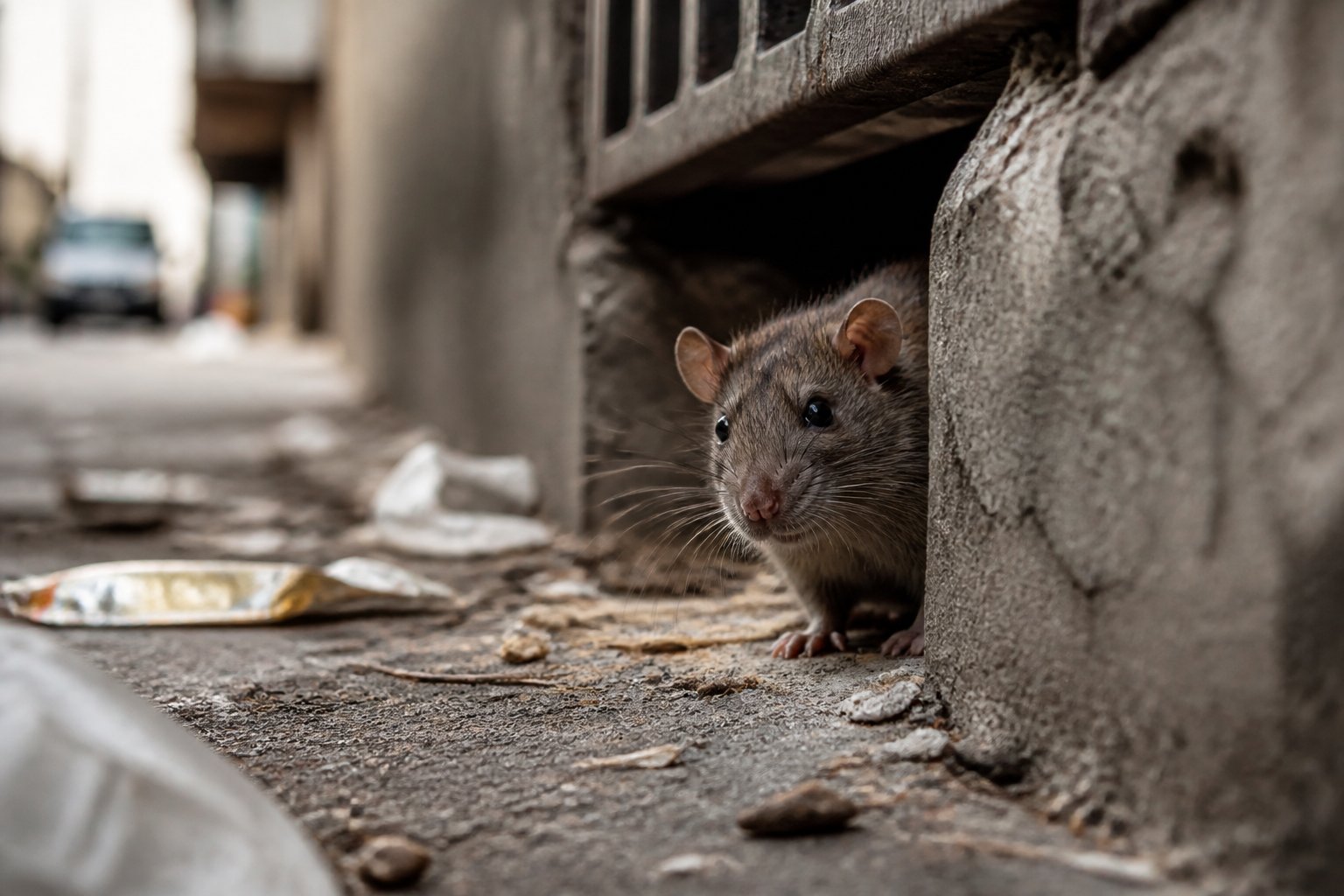 A small rat cautiously emerging from a dark alley near a building foundation with scattered debris around.
