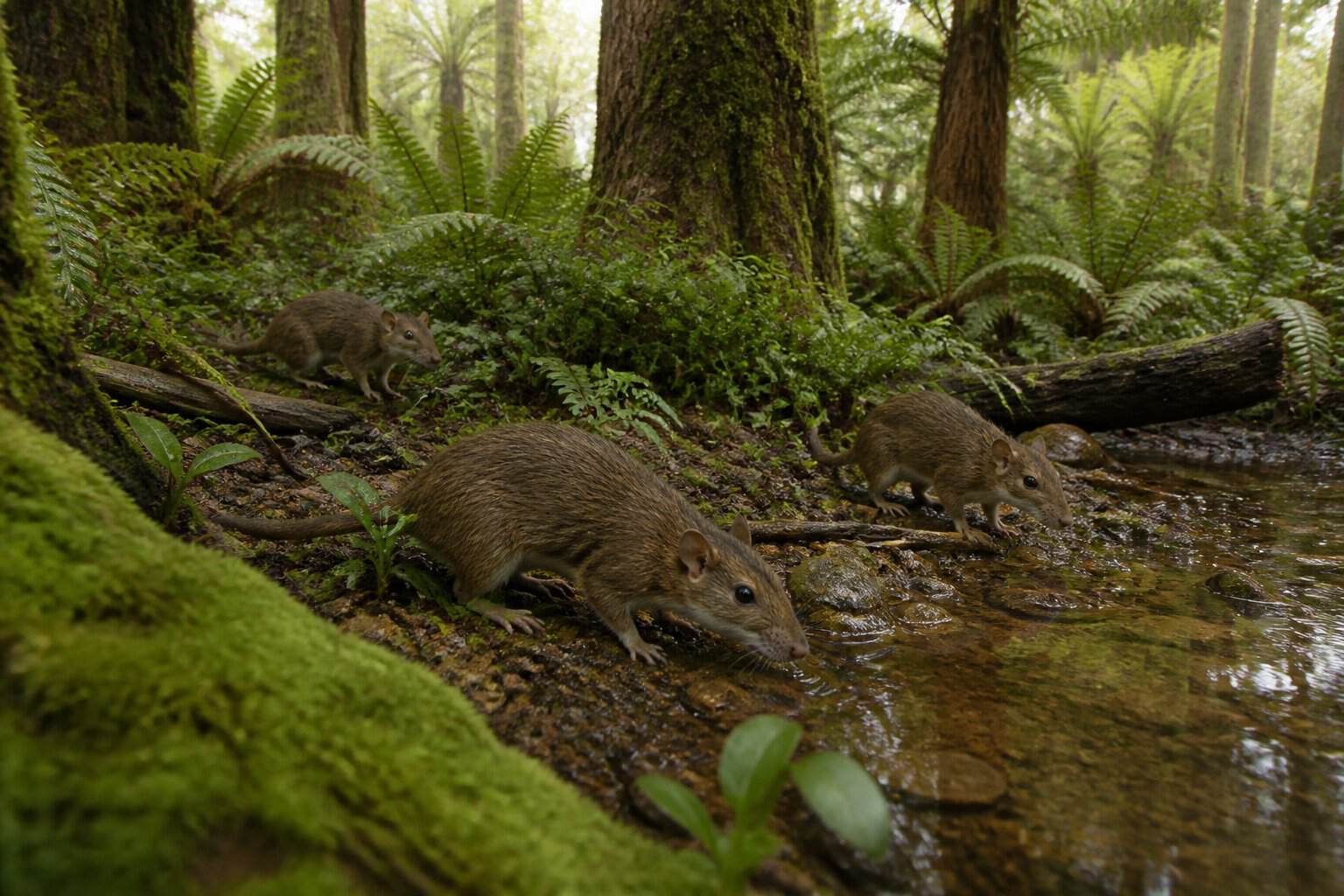 Primitive rodent-like mammals exploring a lush prehistoric forest near a stream surrounded by ancient trees and ferns.