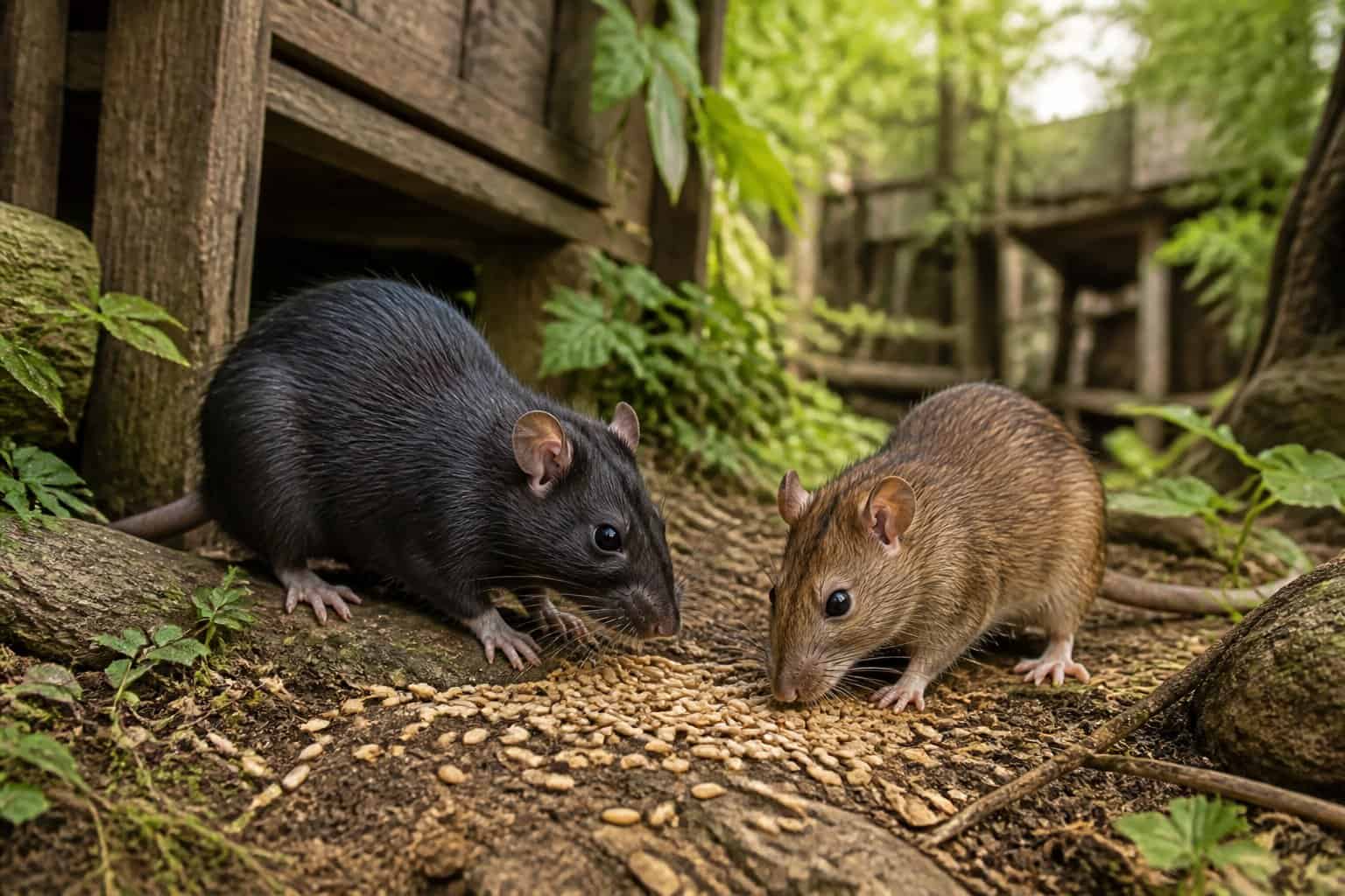 Two rats, one black and one brown, in a natural outdoor setting with plants and wooden structures.
