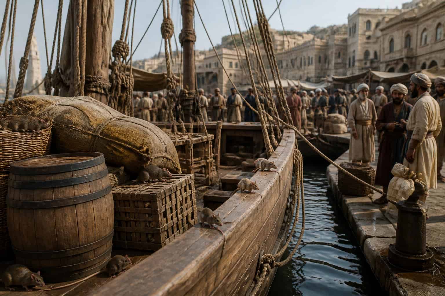 An old wooden ship docked at a busy ancient port with small brown rats near cargo, surrounded by people trading and old buildings in the background.