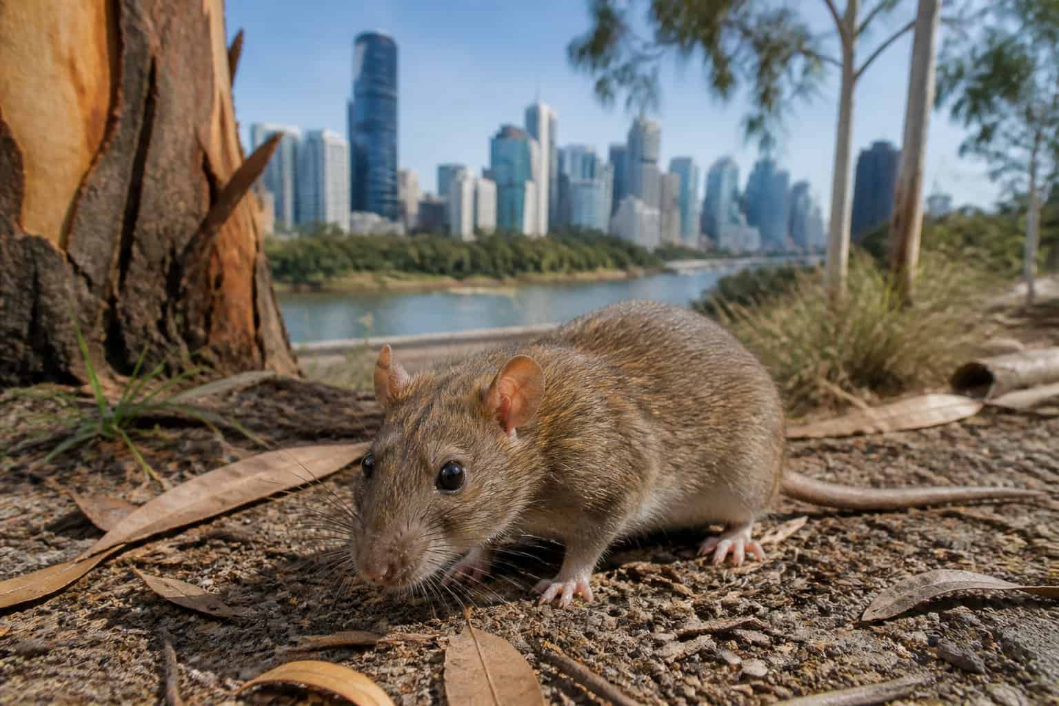 A close-up of a rat on the ground in an urban natural setting with blurred Brisbane cityscape in the background.